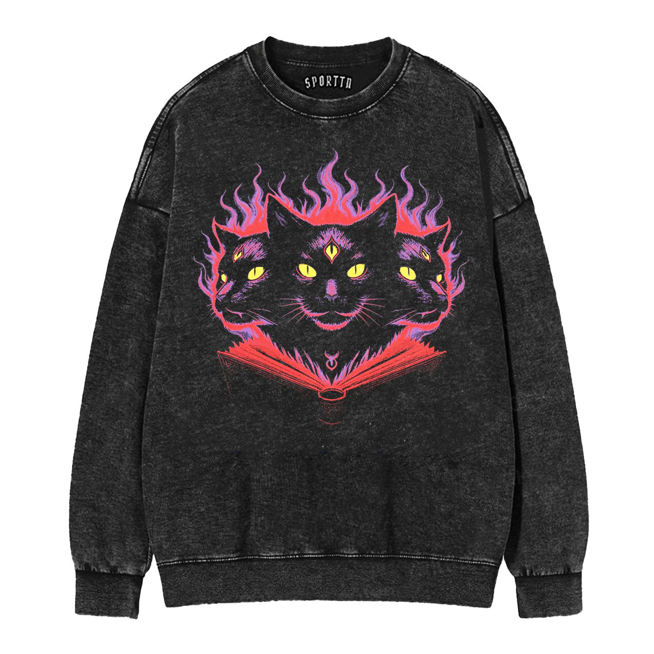 Three-Eyed Black Cat & Flaming Grimoire Vintage Washed T-Shirt/Sweatshirt/Hoodie-LASPORTN
