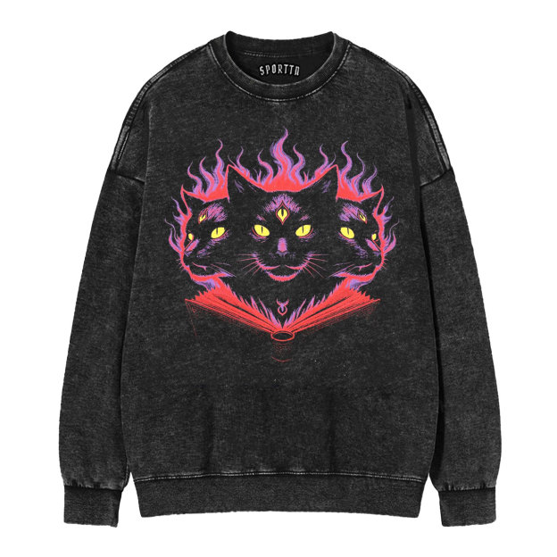 Three-Eyed Black Cat & Flaming Grimoire Vintage Washed T-Shirt/Sweatshirt/Hoodie-LASPORTN