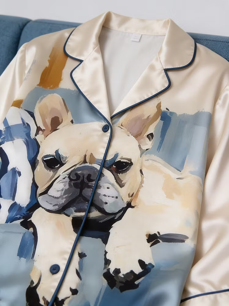 rench Bulldog Oil Painting On Blue Sofa Unisex Long Sleeve Silky Satin Pajama Set
