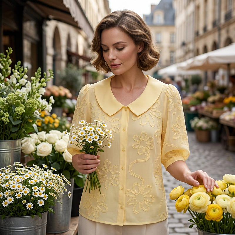 Cotton Loose Fit Embroidered Floral Shirt – Vintage Peter Pan Collar