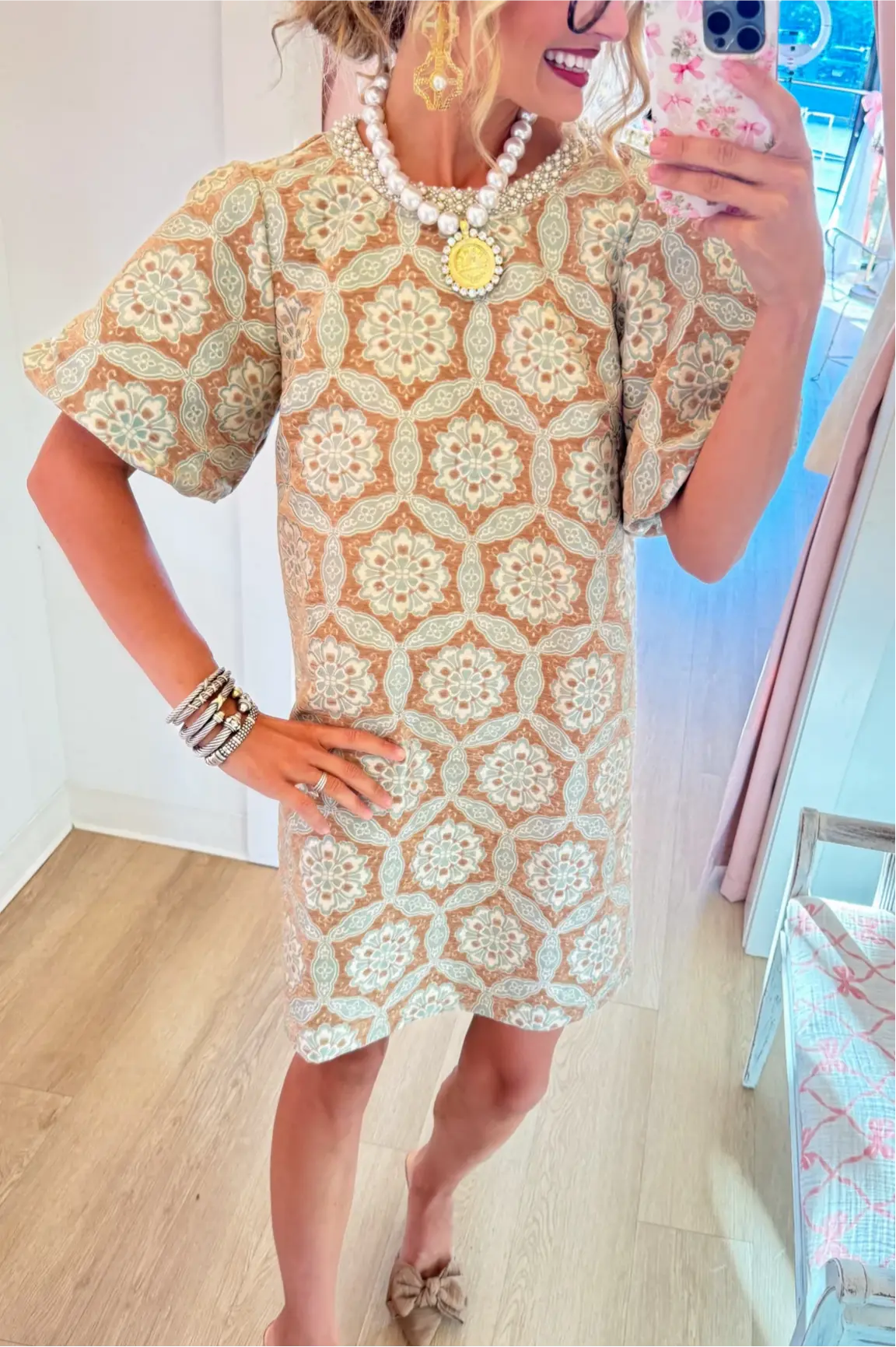 Taupe Geometric Velvet Jacquard Dress