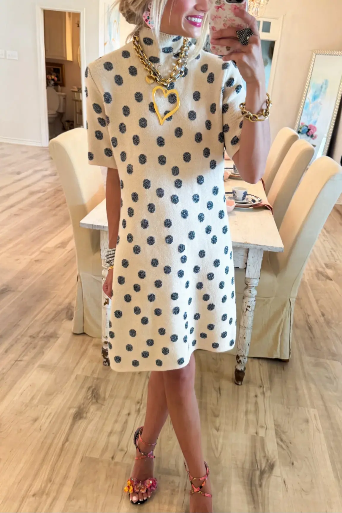 Ecru Metallic Polka Dot Sweater Dress