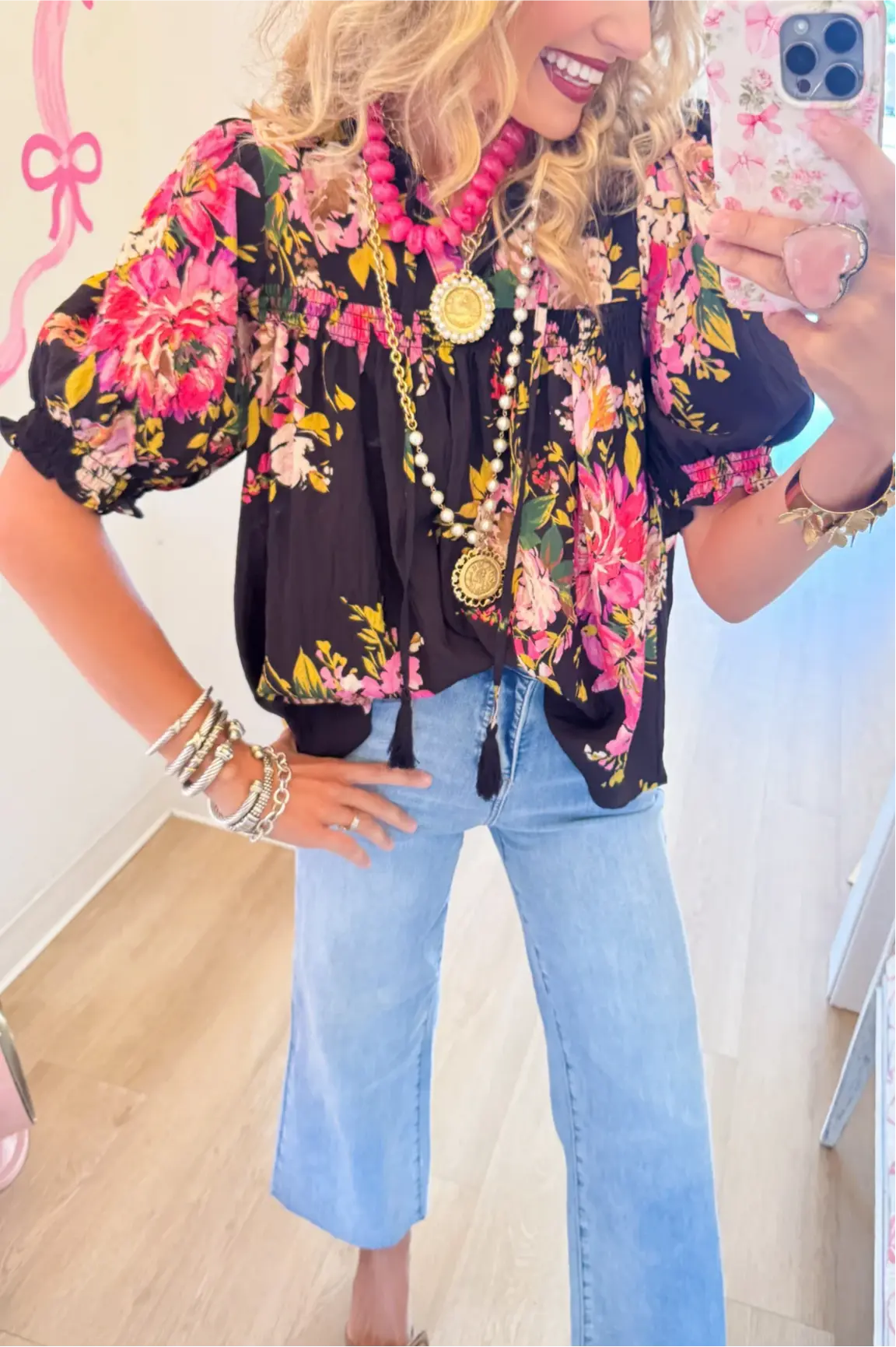 Black Multi Floral Puff Sleeve Top