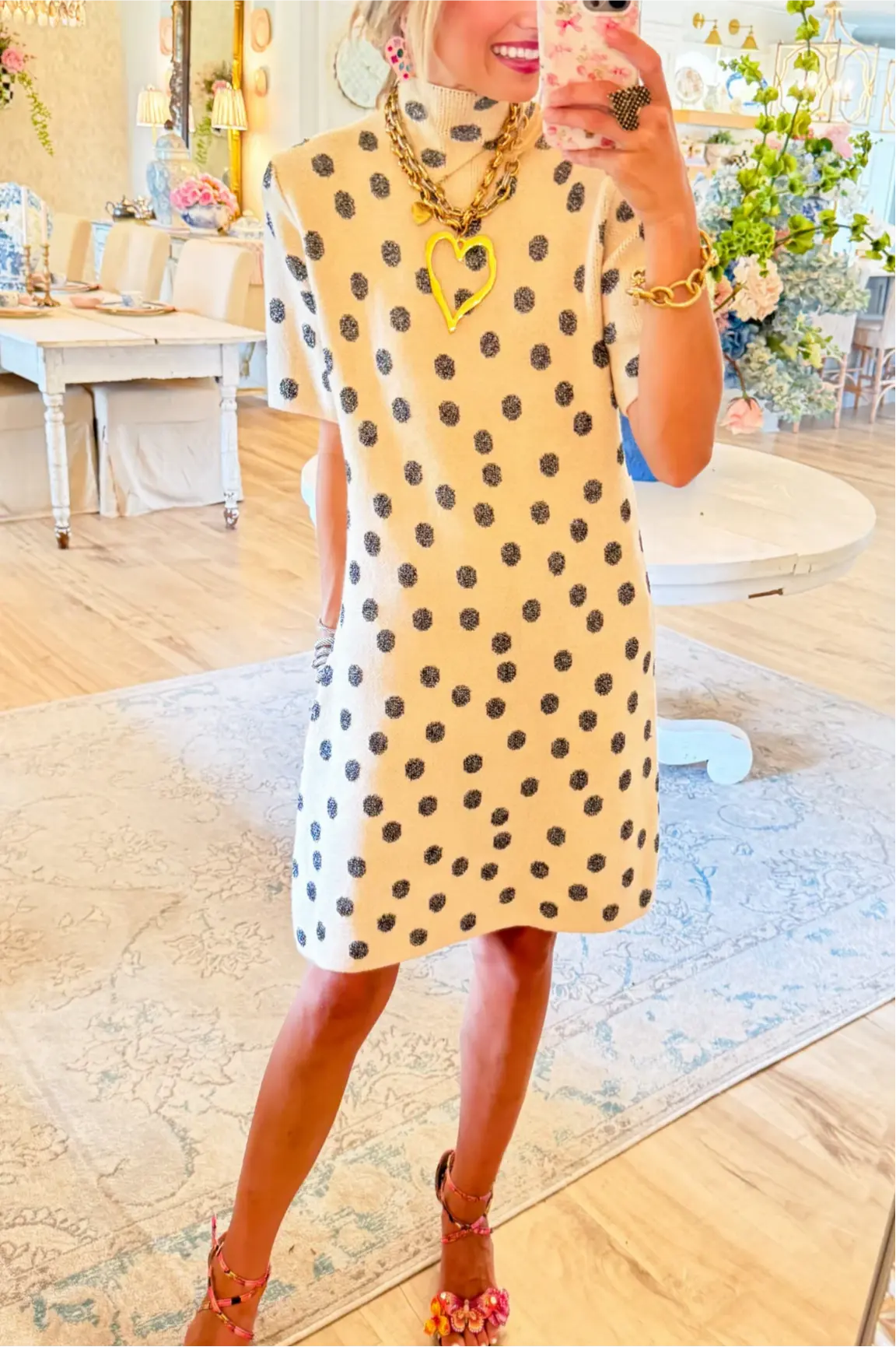 Ecru Metallic Polka Dot Sweater Dress
