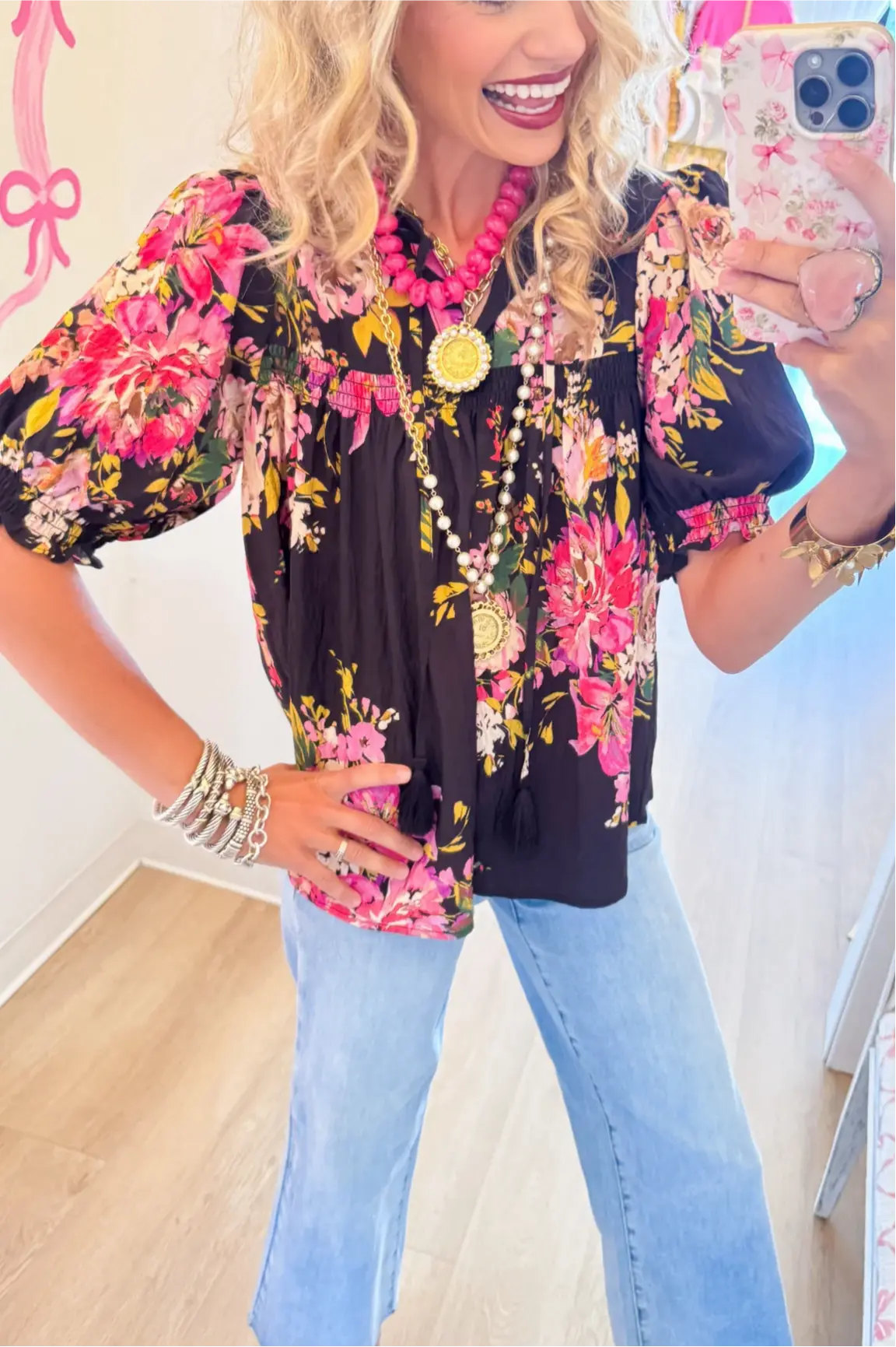 Black Multi Floral Puff Sleeve Top