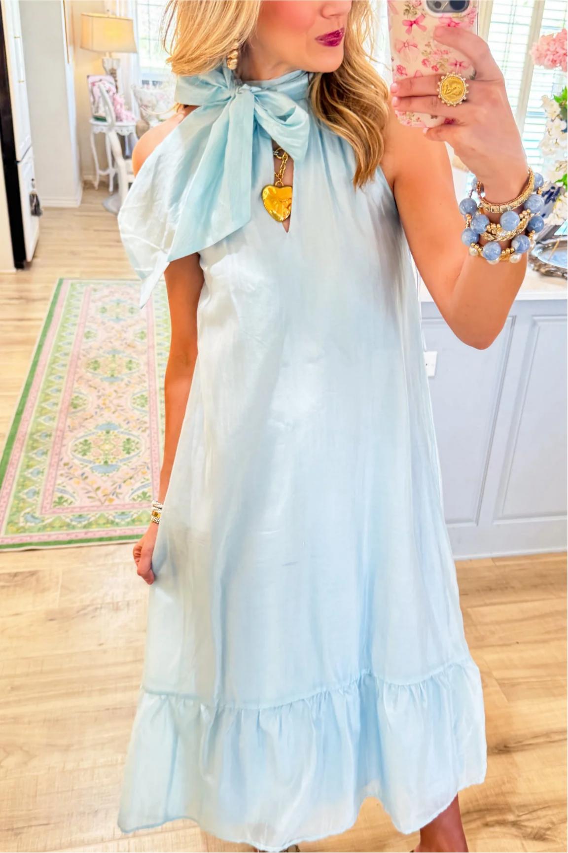 Sky Blue Bow Halter Dress