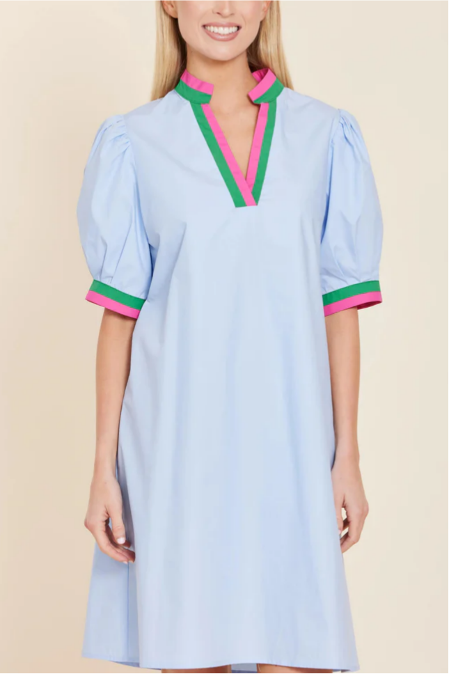 Poplin Stripe V-Neck and Cuff Dress