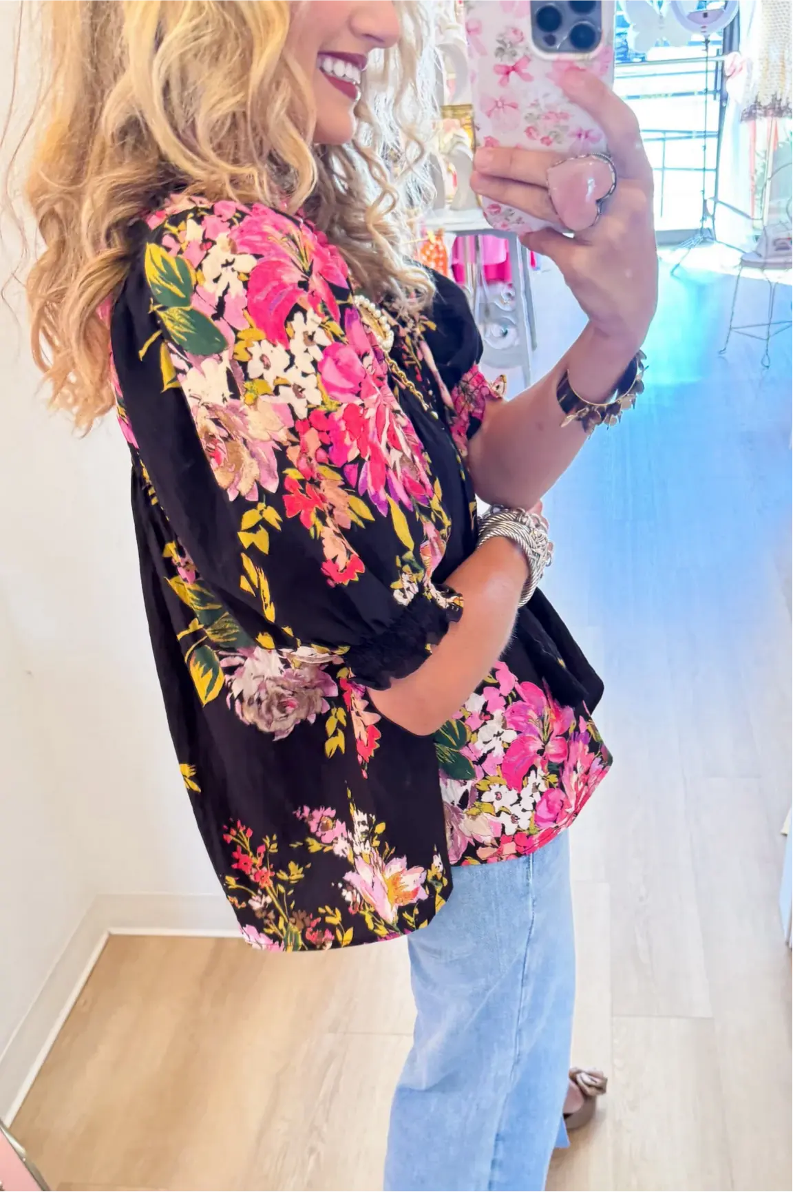 Black Multi Floral Puff Sleeve Top
