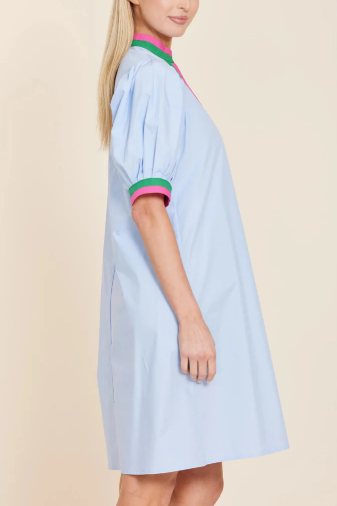 Poplin Stripe V-Neck and Cuff Dress