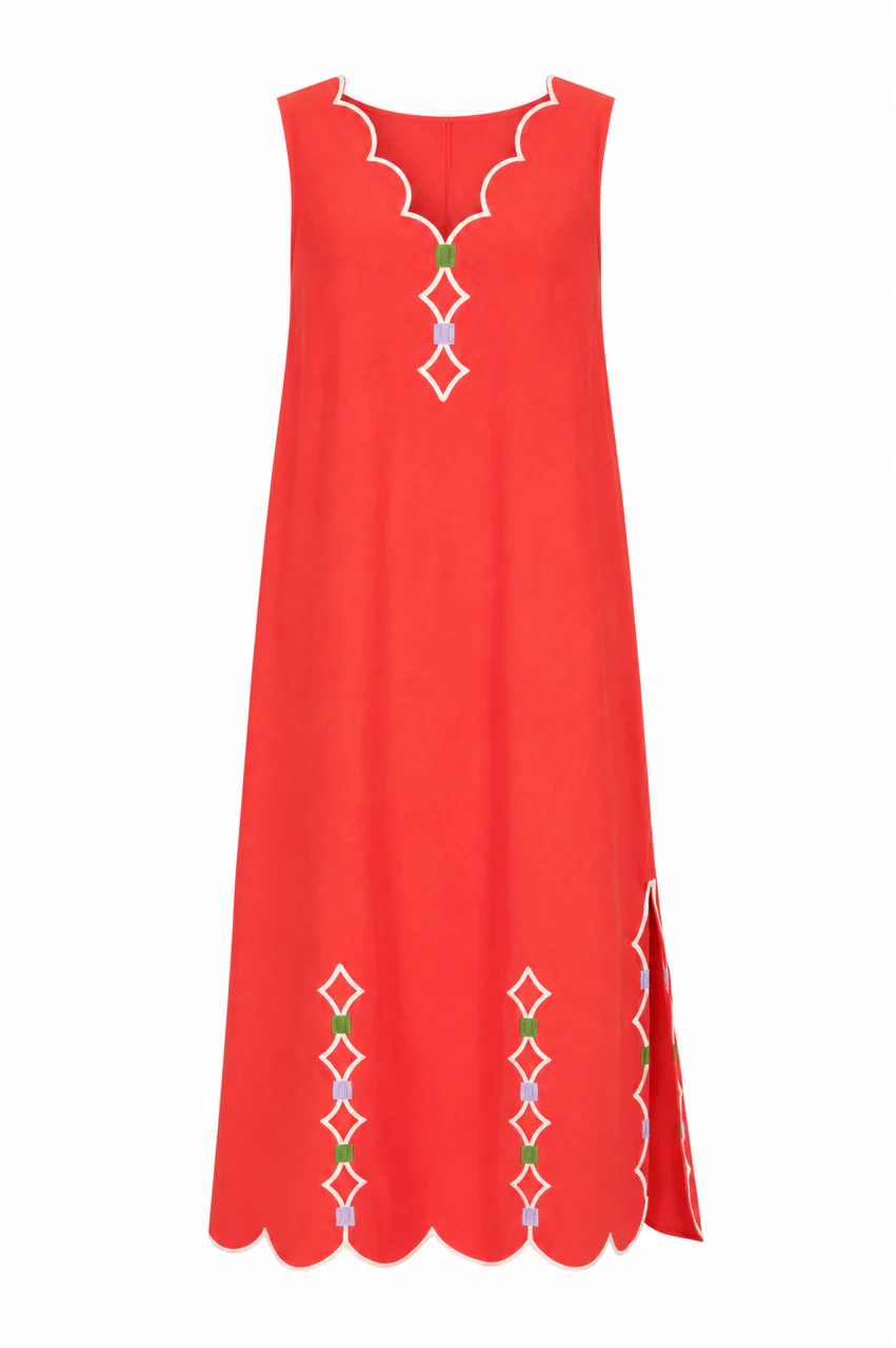 Scallop Embroidered V Neck Dress - Coral