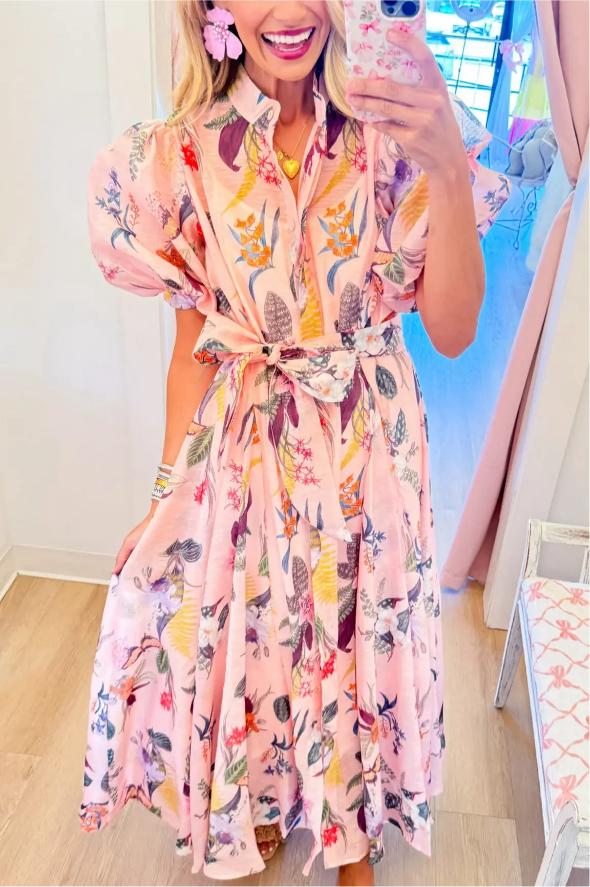 Pink Botanical Midi Shirtdress