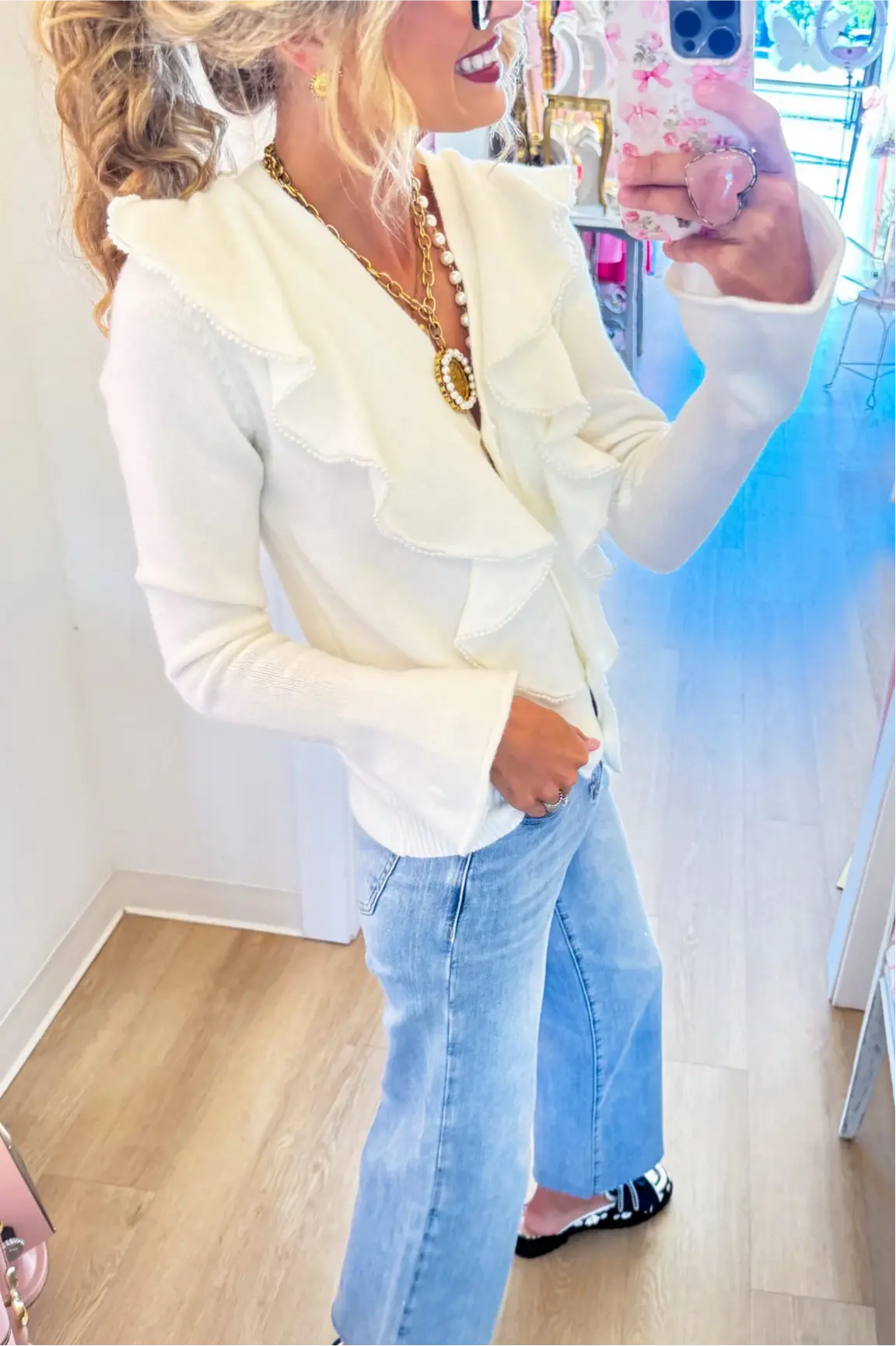 Cream Pearl and Ruffle Detail Cardigan