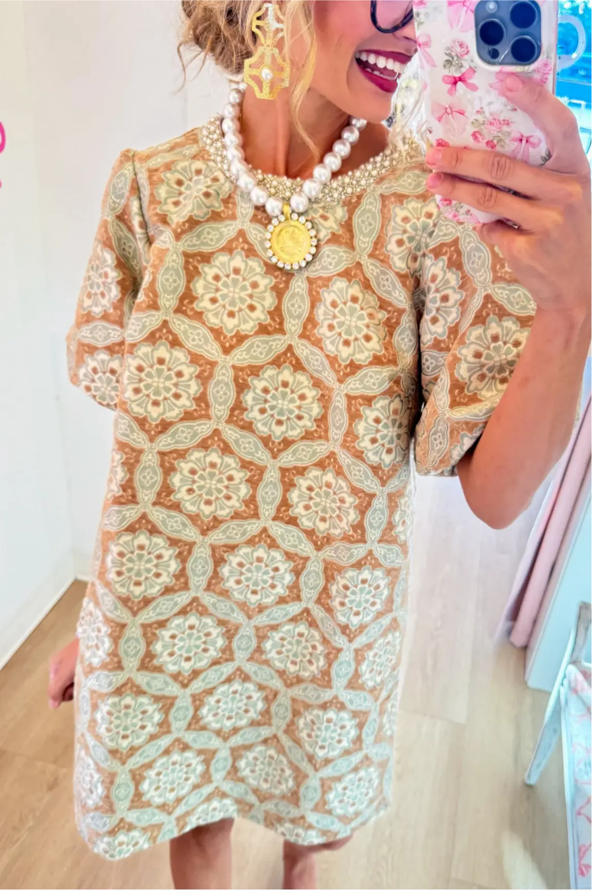 Taupe Geometric Velvet Jacquard Dress