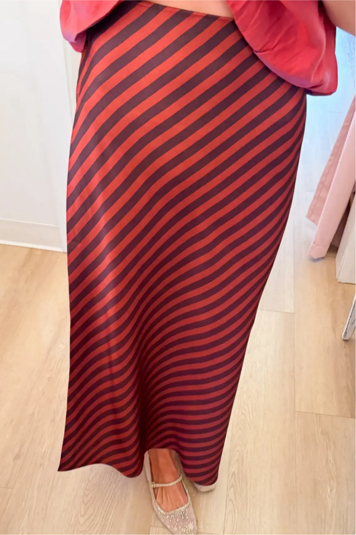 Sienna and Brown Stripe Satin Midi Skirt