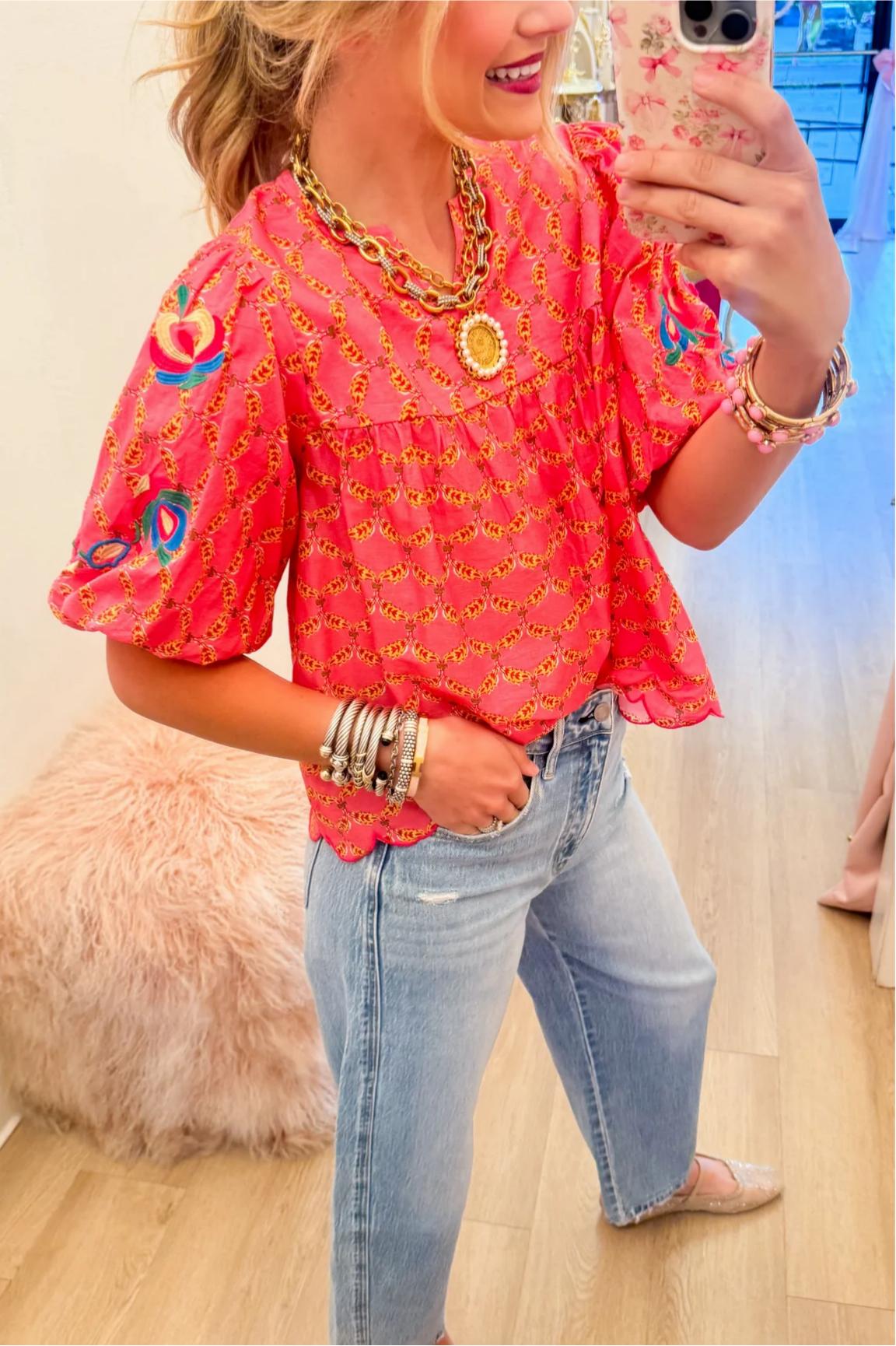 Pink Multi Puff Sleeve Scallop Hem Top