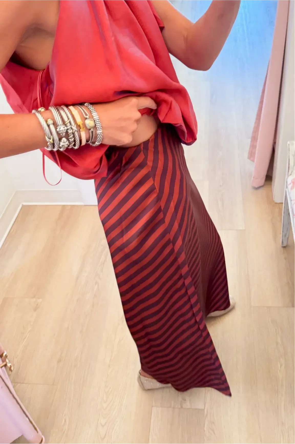 Sienna and Brown Stripe Satin Midi Skirt