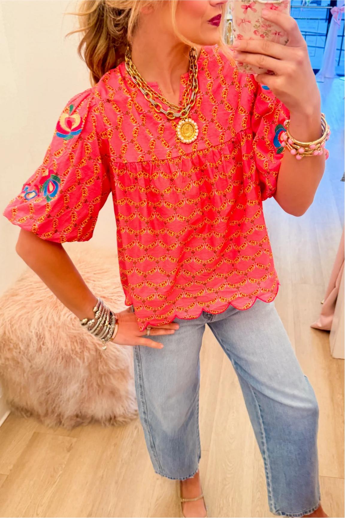 Pink Multi Puff Sleeve Scallop Hem Top