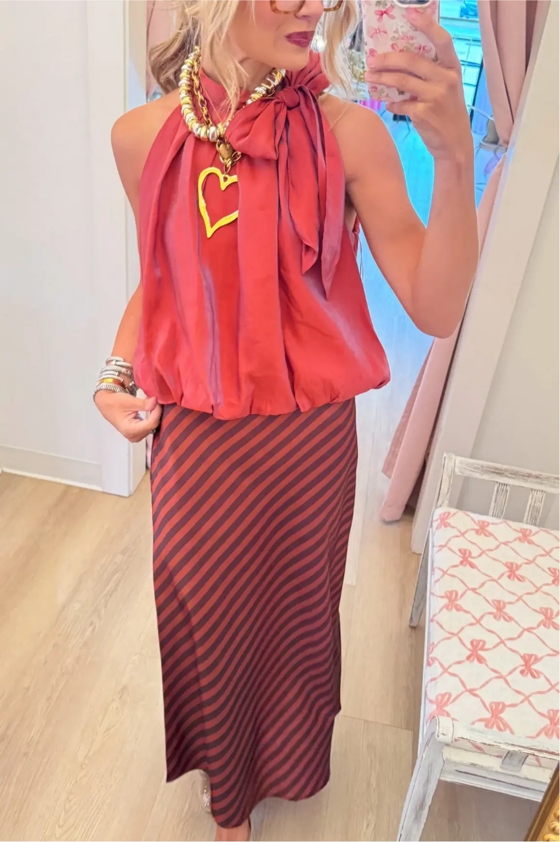 Sienna and Brown Stripe Satin Midi Skirt