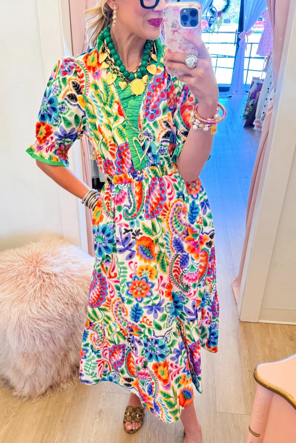 Multi Floral Ruffle Trim Midi Dress