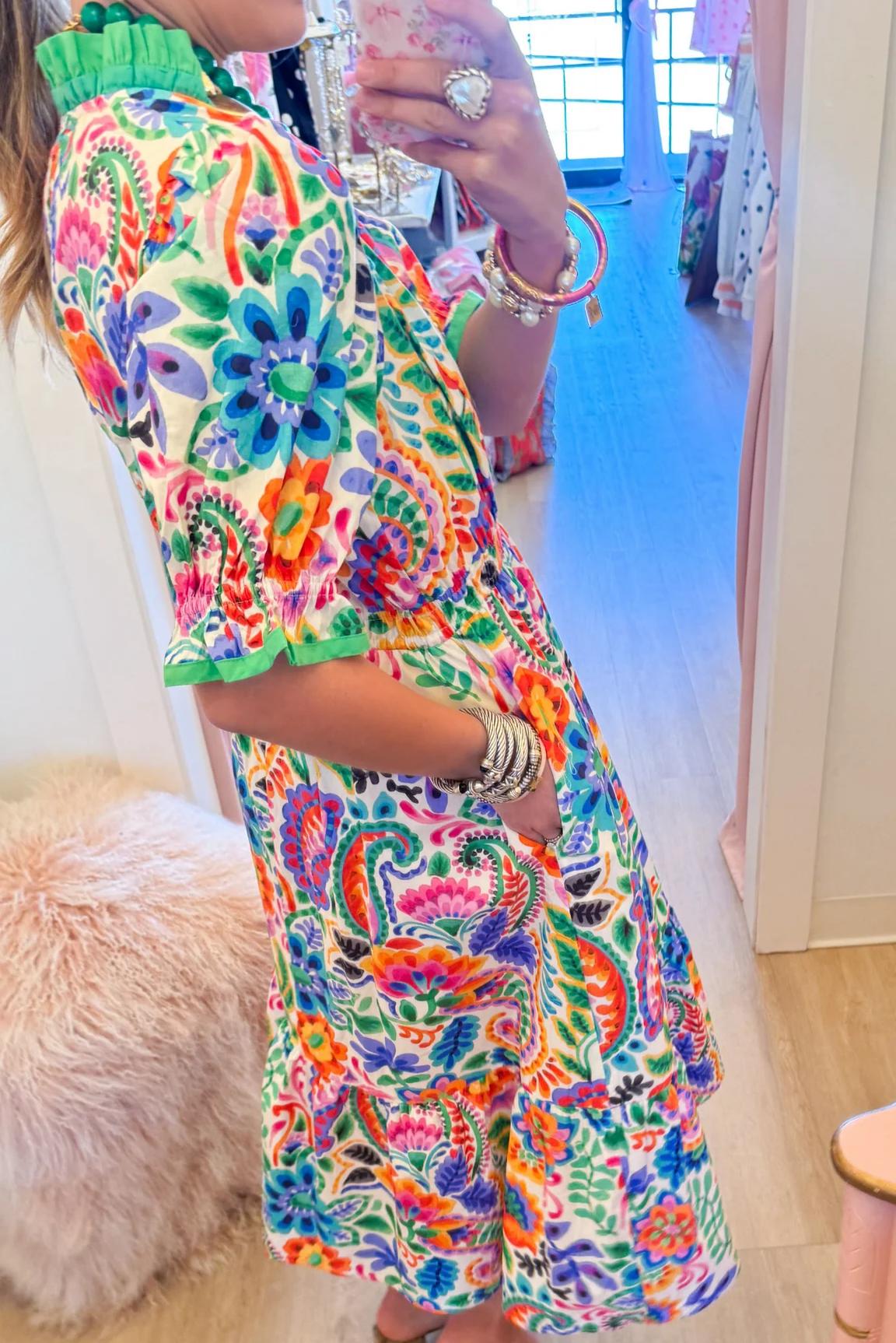 Multi Floral Ruffle Trim Midi Dress