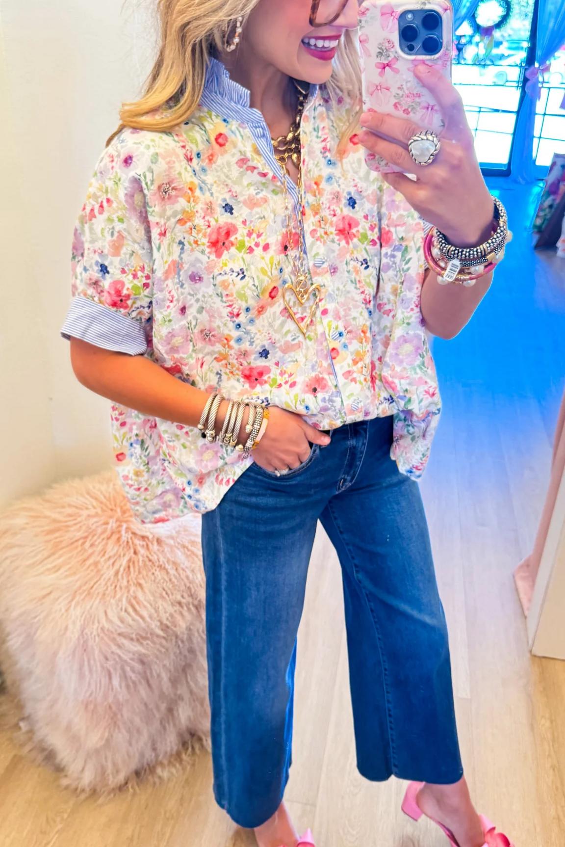 Blue Mix Flower Print Jacquard Top