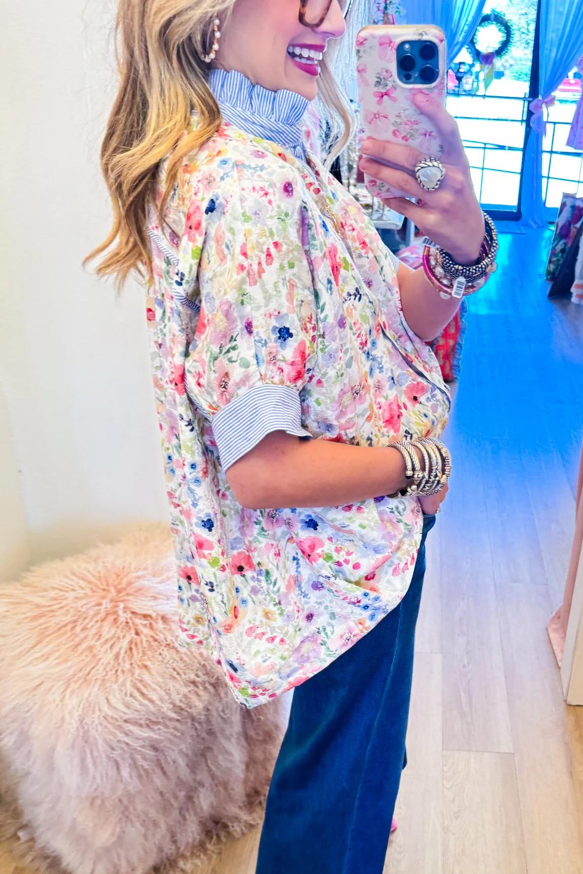 Blue Mix Flower Print Jacquard Top