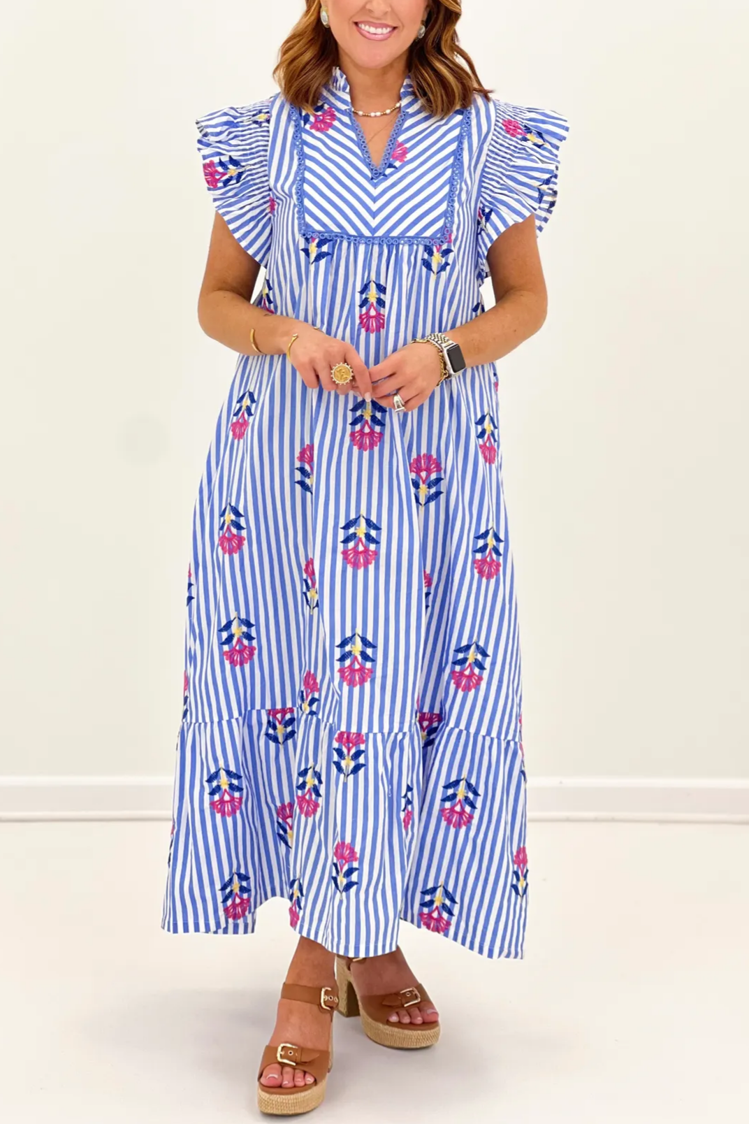 Flower Embroidered Striped Midi Dress