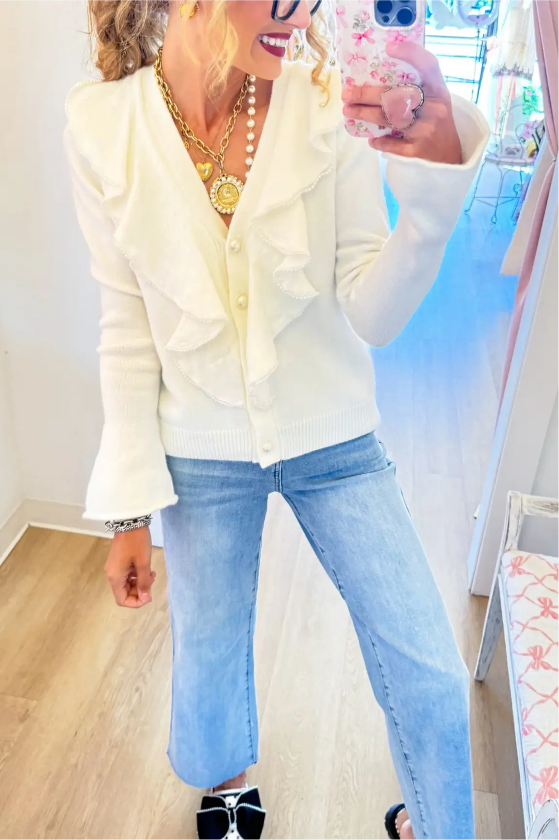 Cream Pearl and Ruffle Detail Cardigan