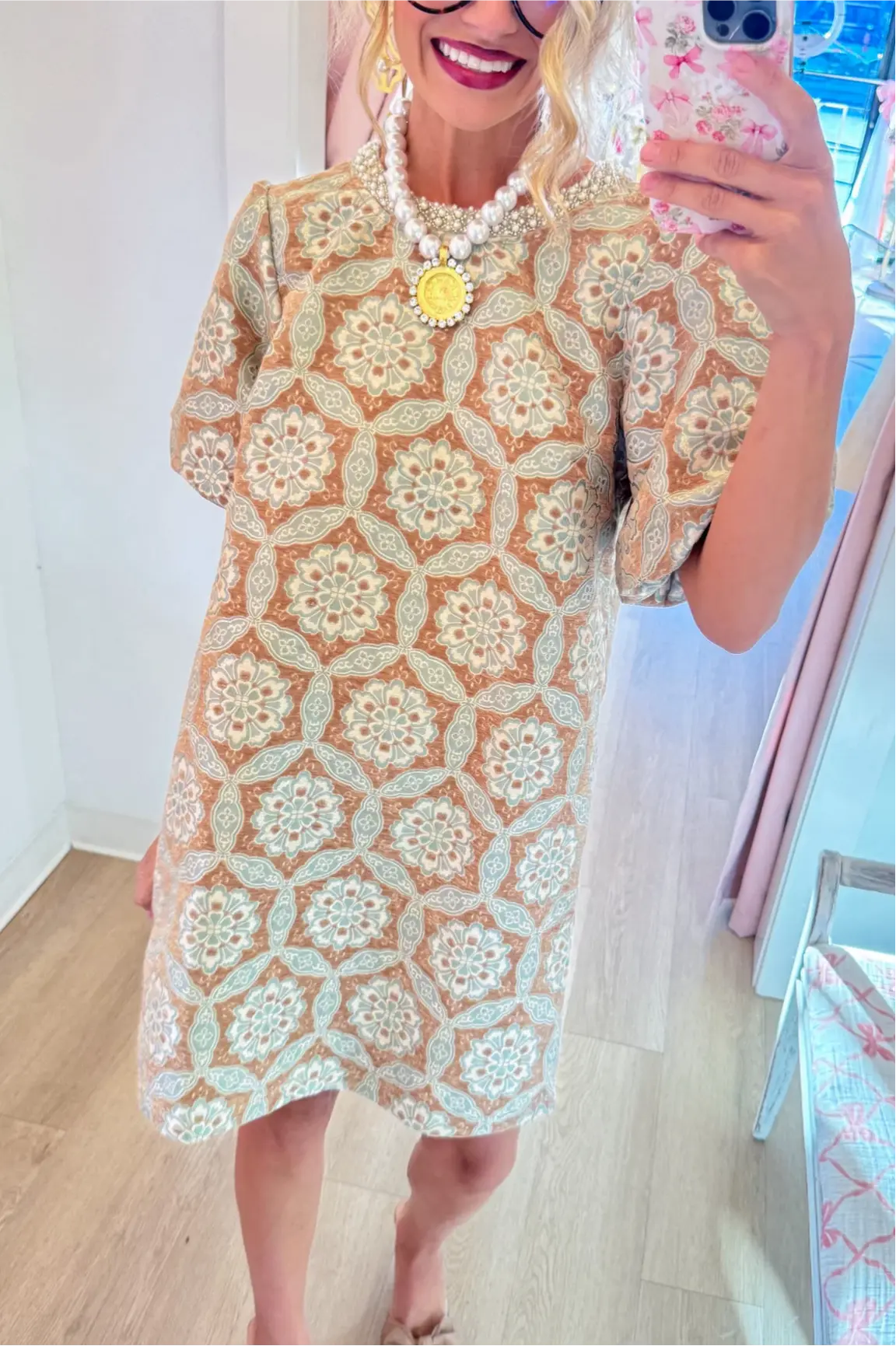 Taupe Geometric Velvet Jacquard Dress