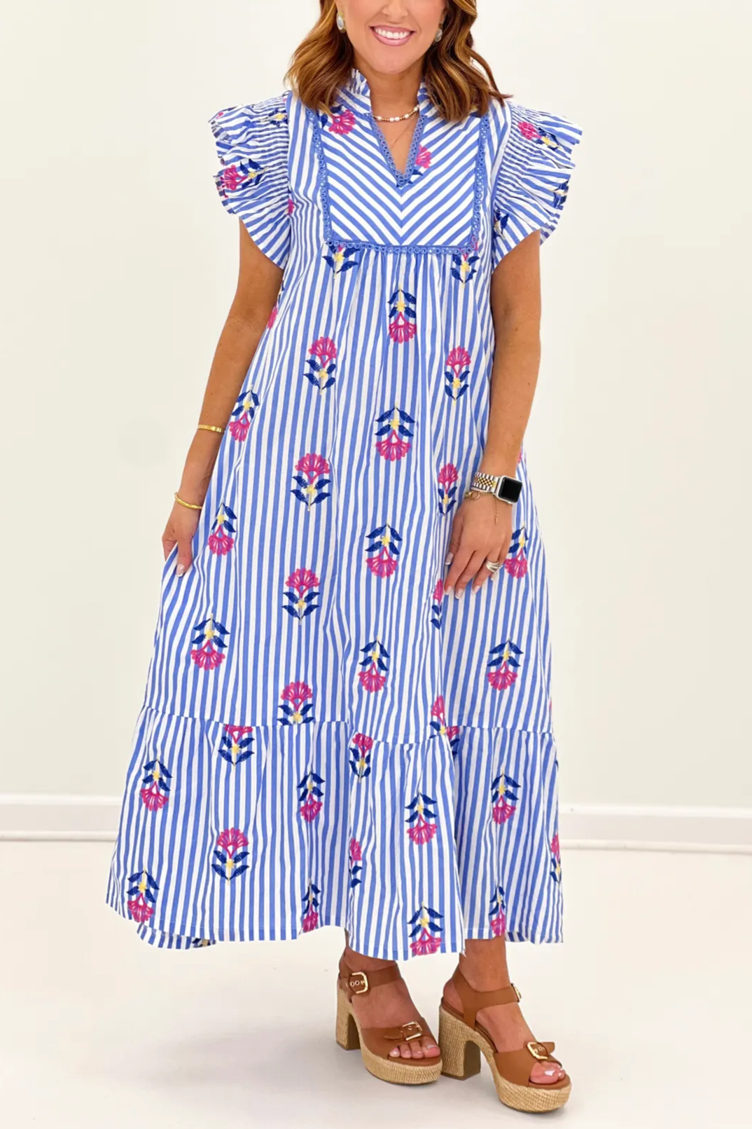 Flower Embroidered Striped Midi Dress