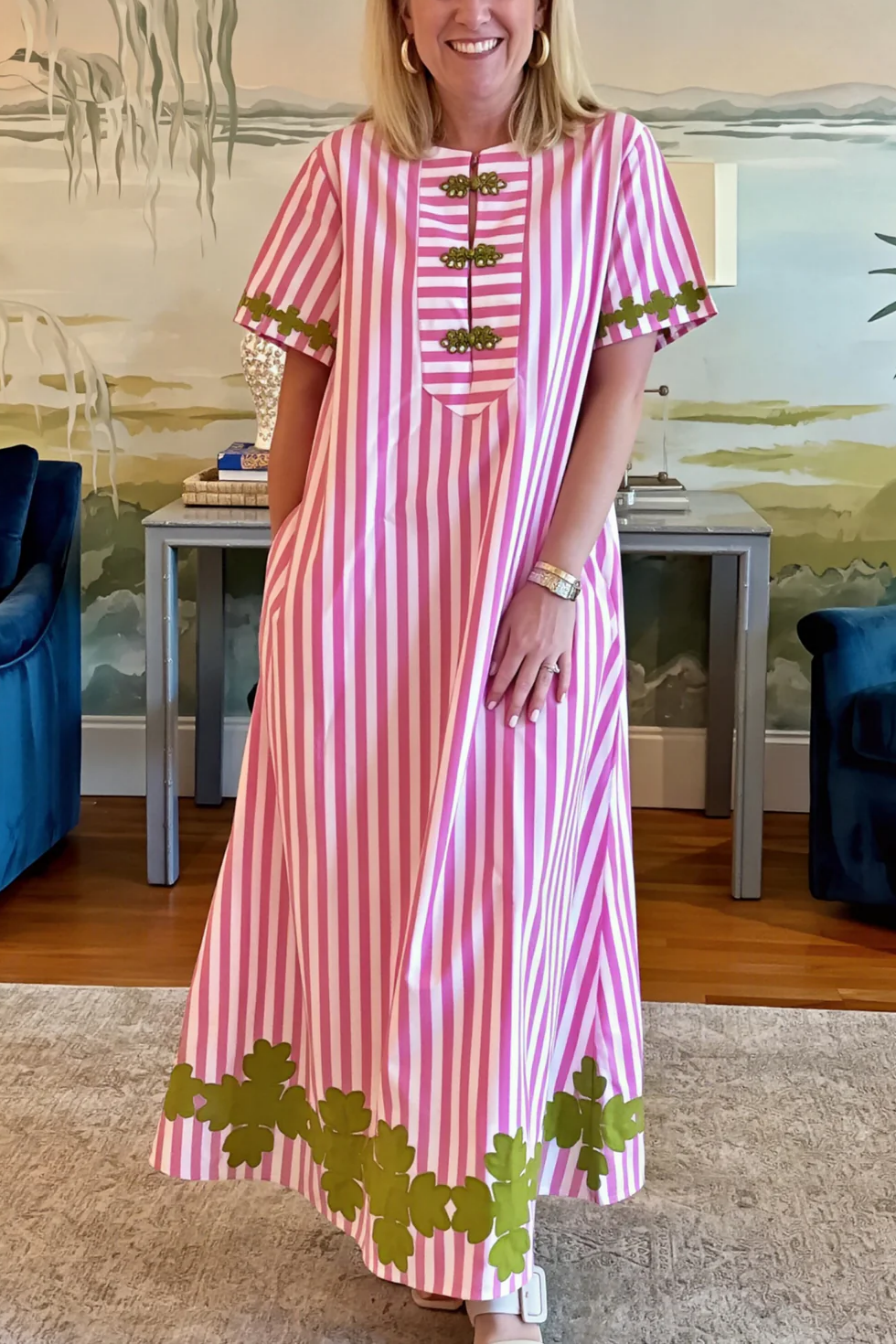Short Sleeve Maxi Kaftan - Pink Stripe