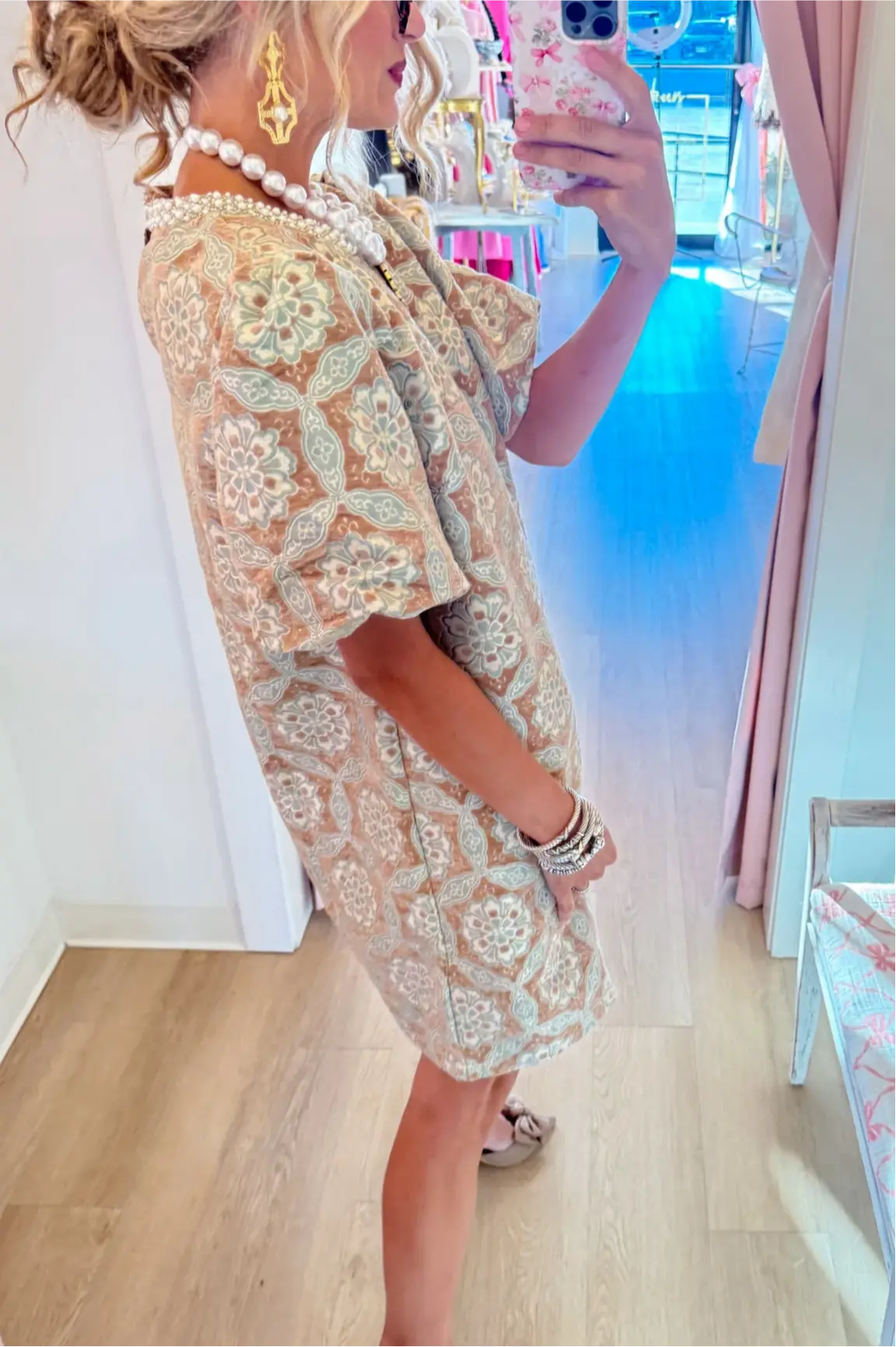 Taupe Geometric Velvet Jacquard Dress