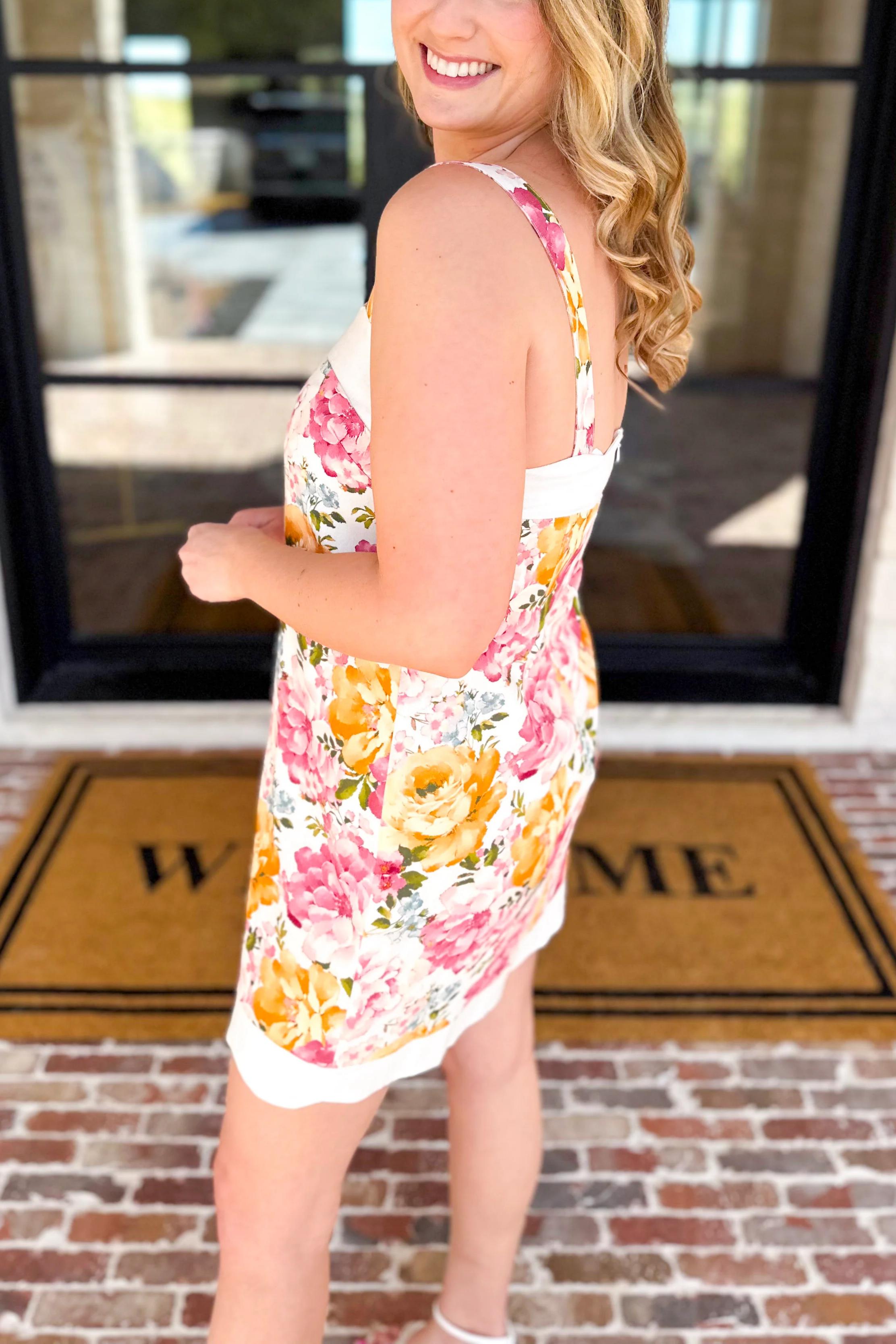 Cream & Floral Scalloped Mini Dress