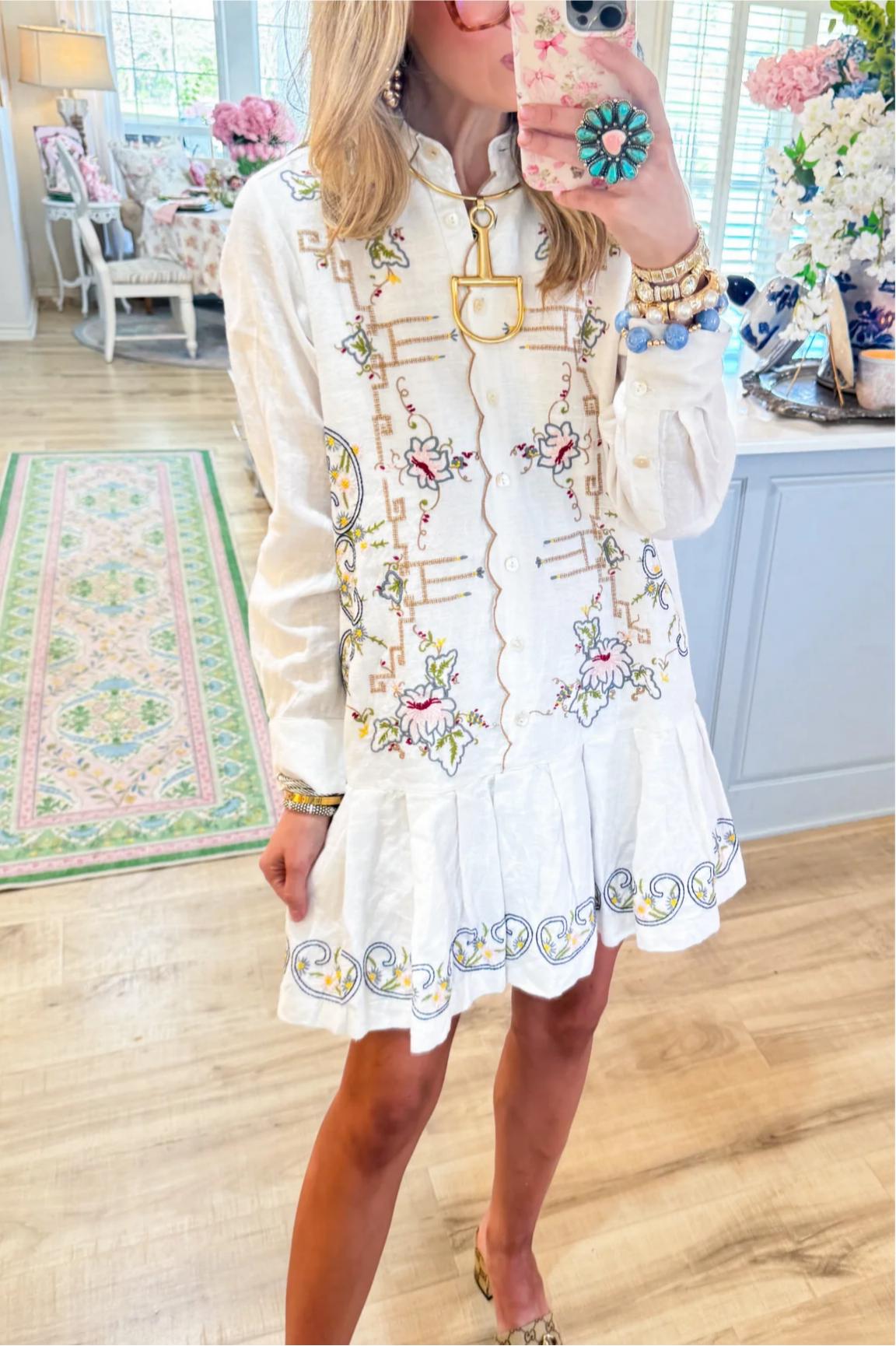 White Embroidered Ruffle Hem Midi Dress