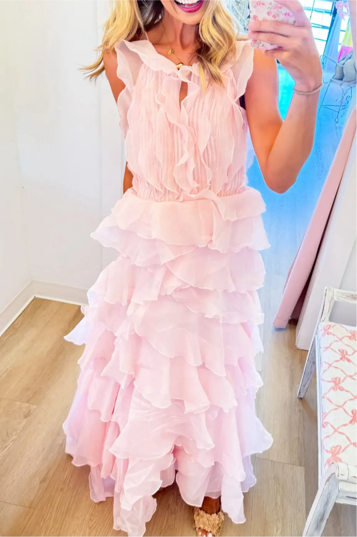 Pink Cascading Ruffle Detail Maxi Dress