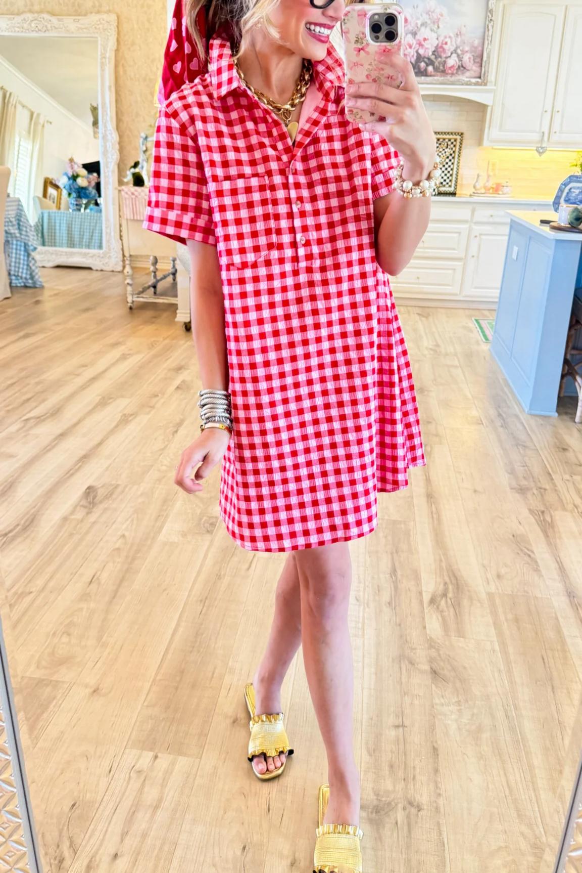 Red Gingham Shirt Dress