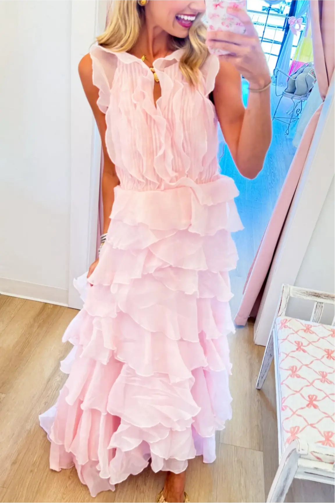 Pink Cascading Ruffle Detail Maxi Dress