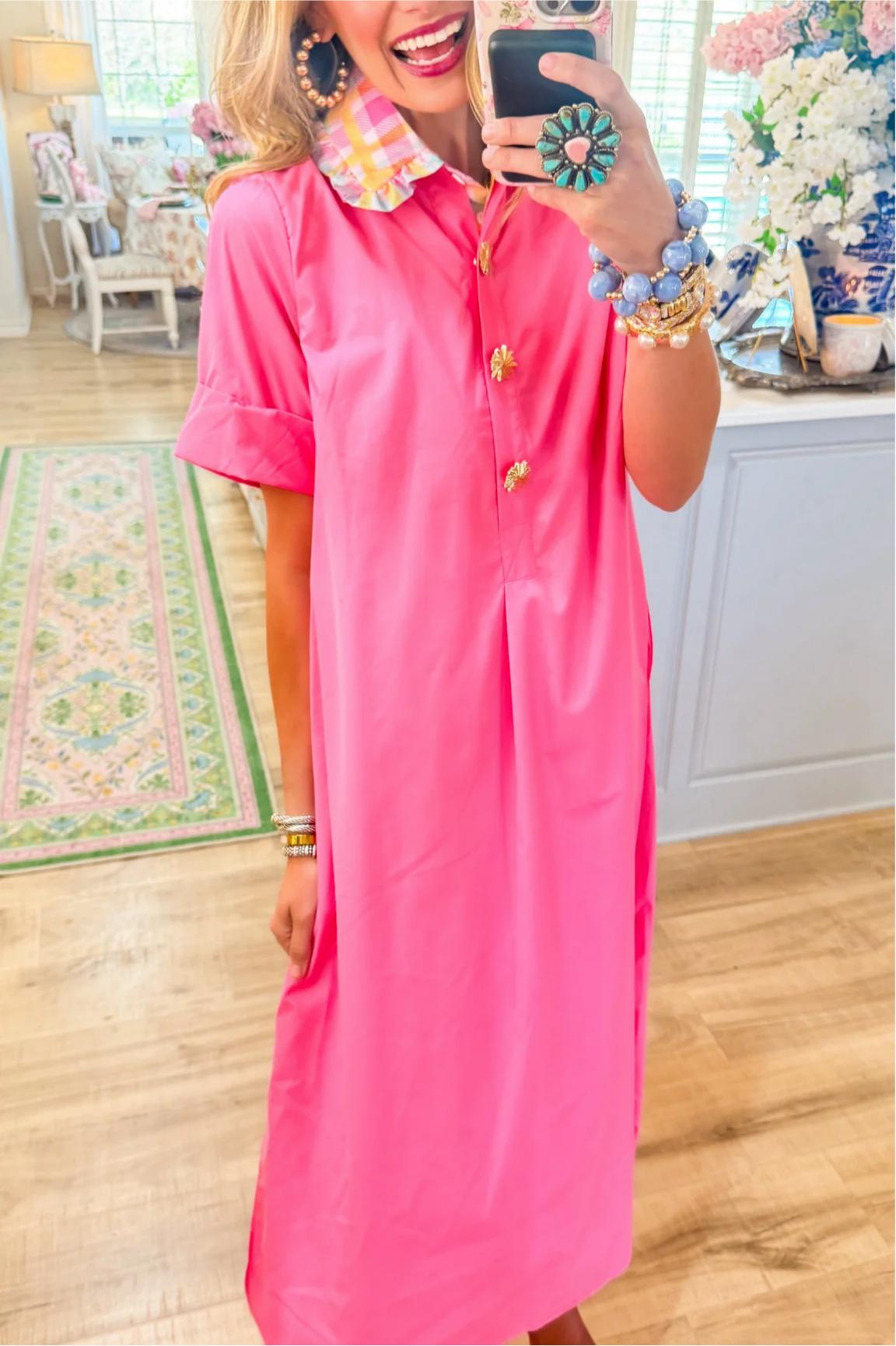 Pink Solid Short Sleeve Midi Dress