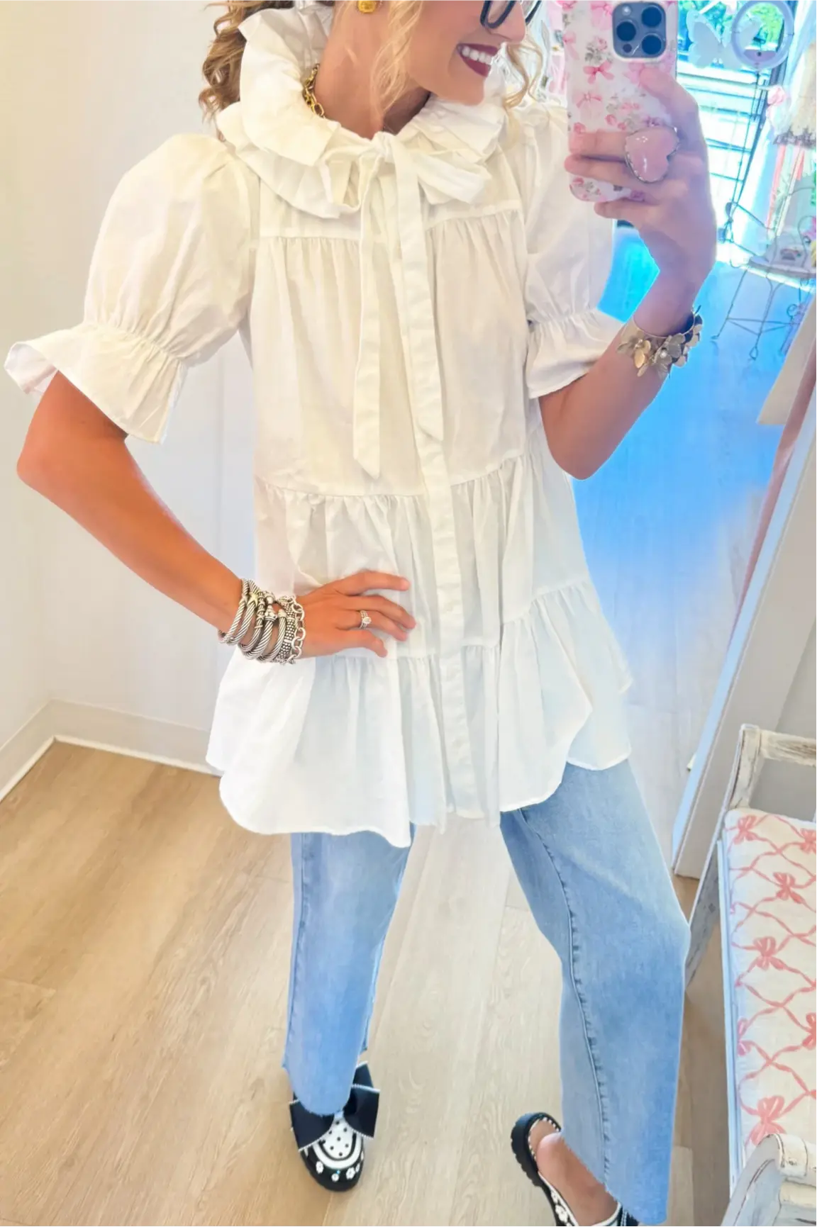 Off White High Ruffle Neck Mini Dress
