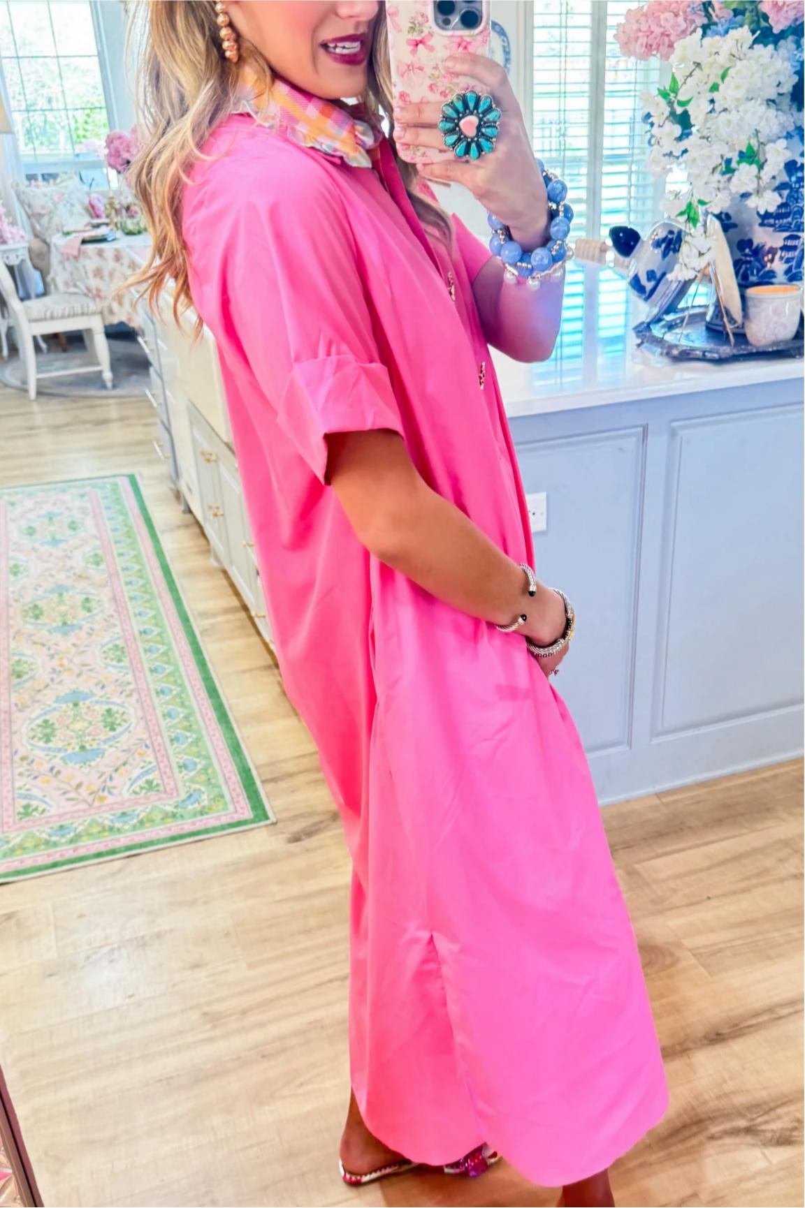Pink Solid Short Sleeve Midi Dress
