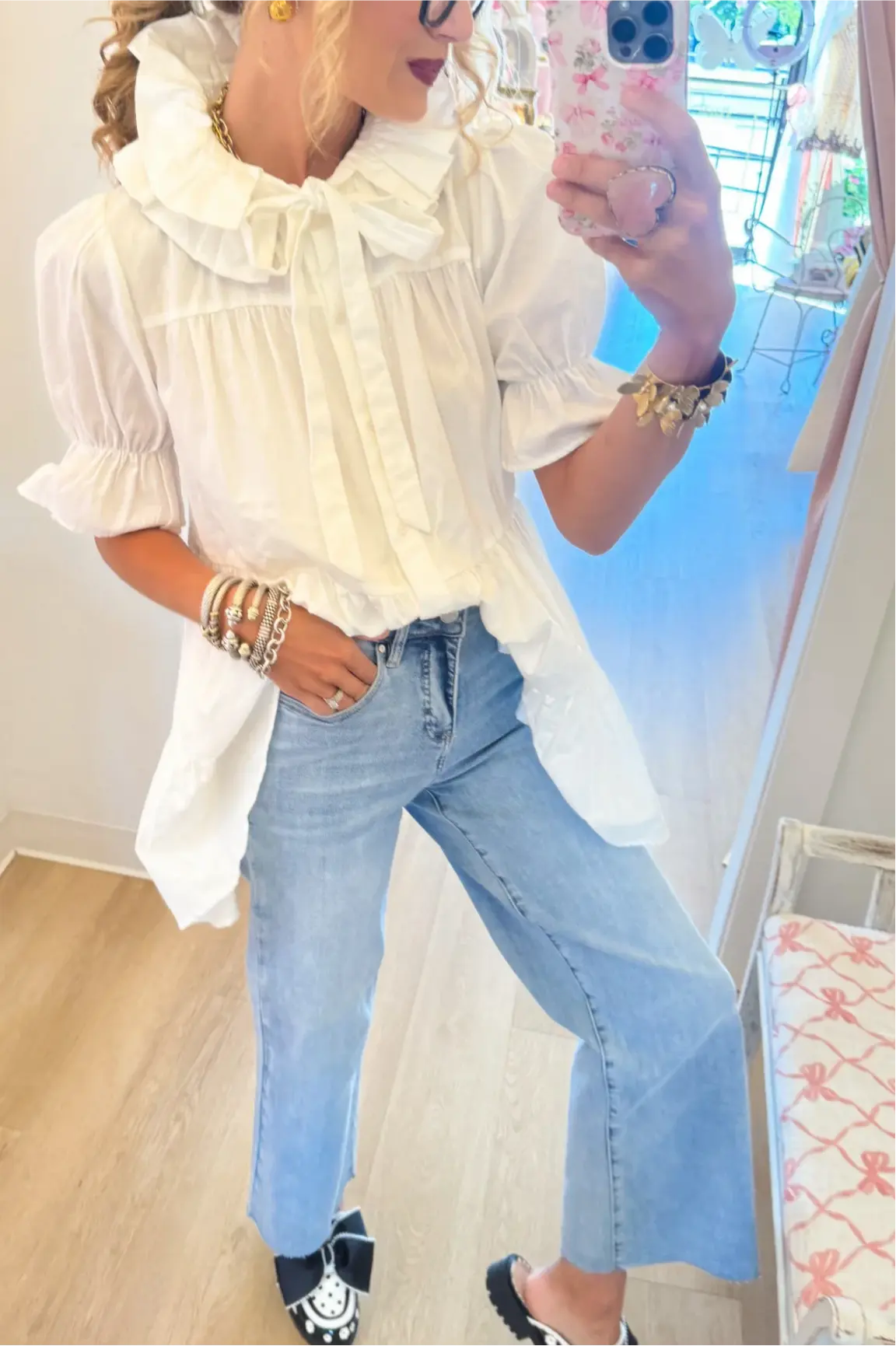 Off White High Ruffle Neck Mini Dress