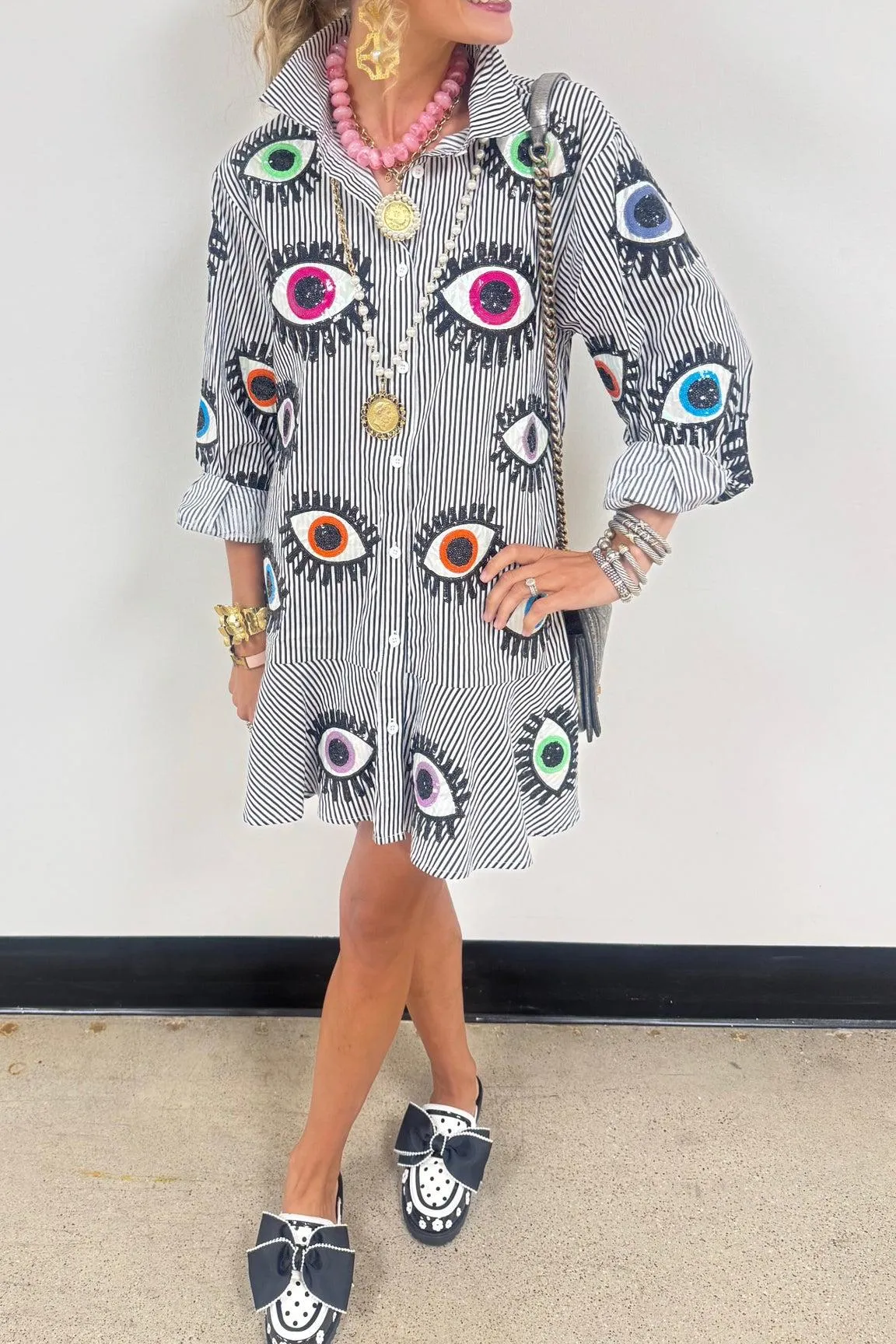 Queen of Sparkles Black and White Striped Eye Dress