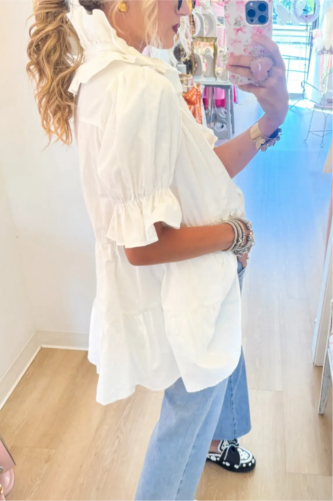 Off White High Ruffle Neck Mini Dress