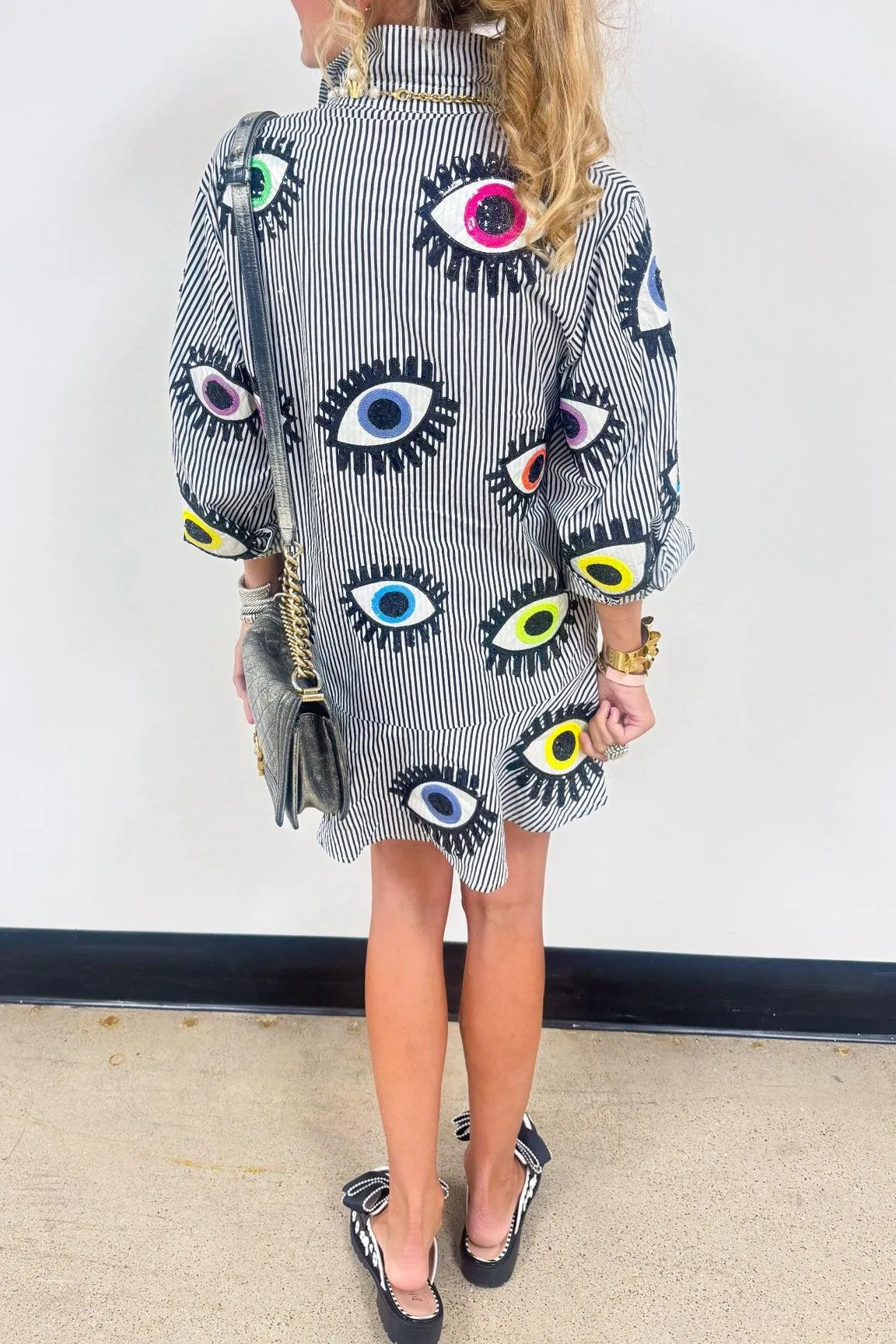 Queen of Sparkles Black and White Striped Eye Dress