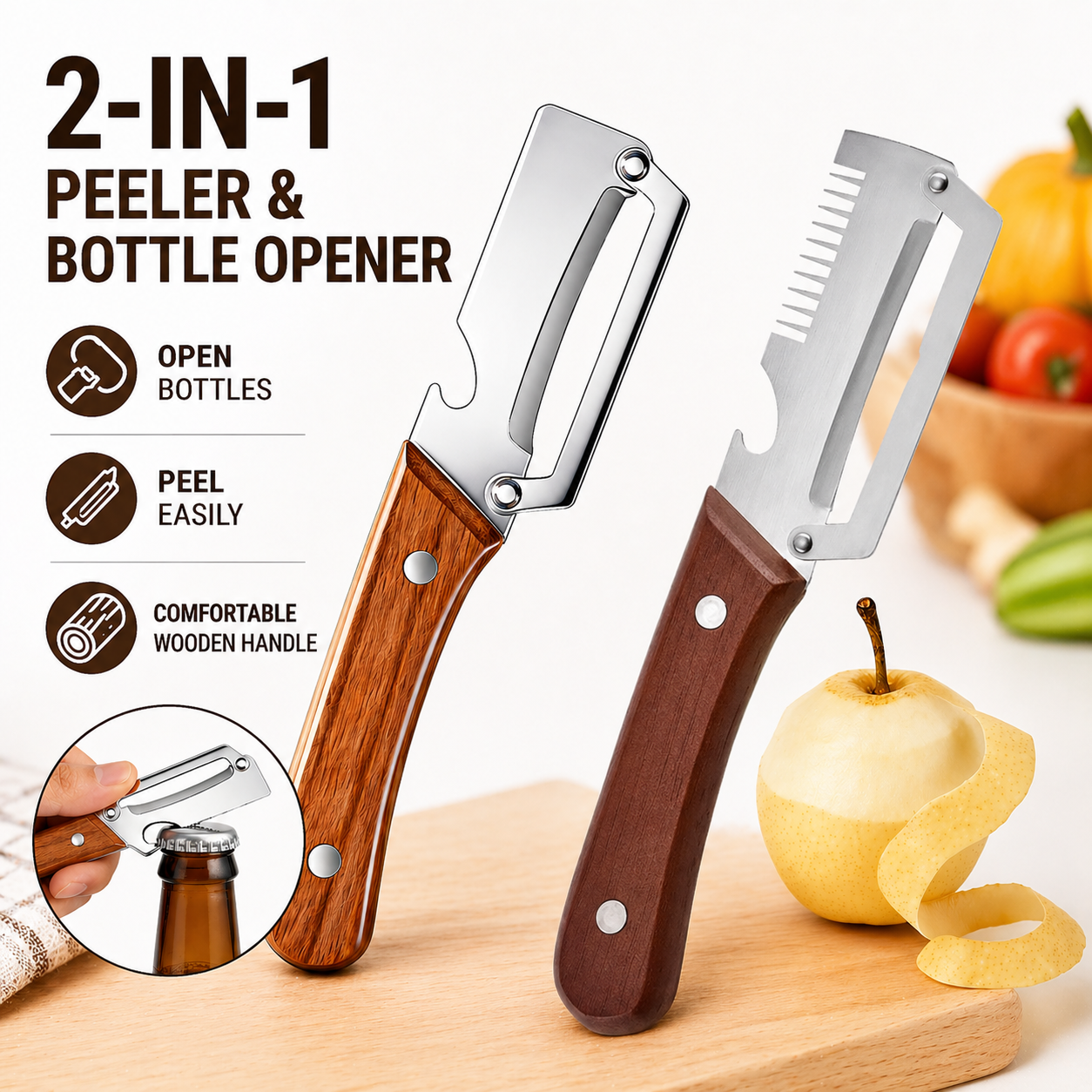 2-in-1 Stainless Steel Peeler & Shredder Set with Wooden Handle