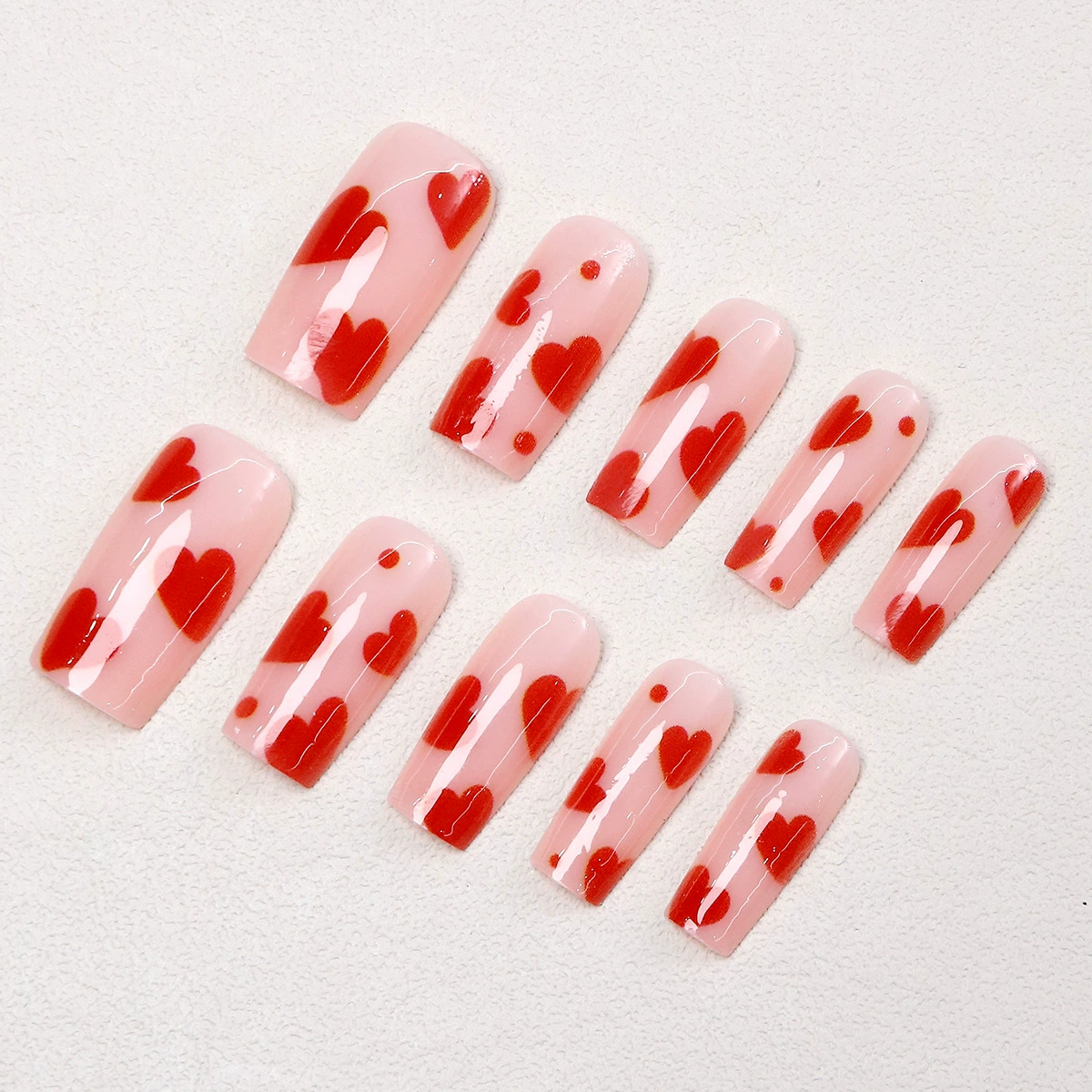 Valentine’s Day Long Coffin Press-On Nails | Minimal Heart Design | Romantic Color Series | Reusable False Nails