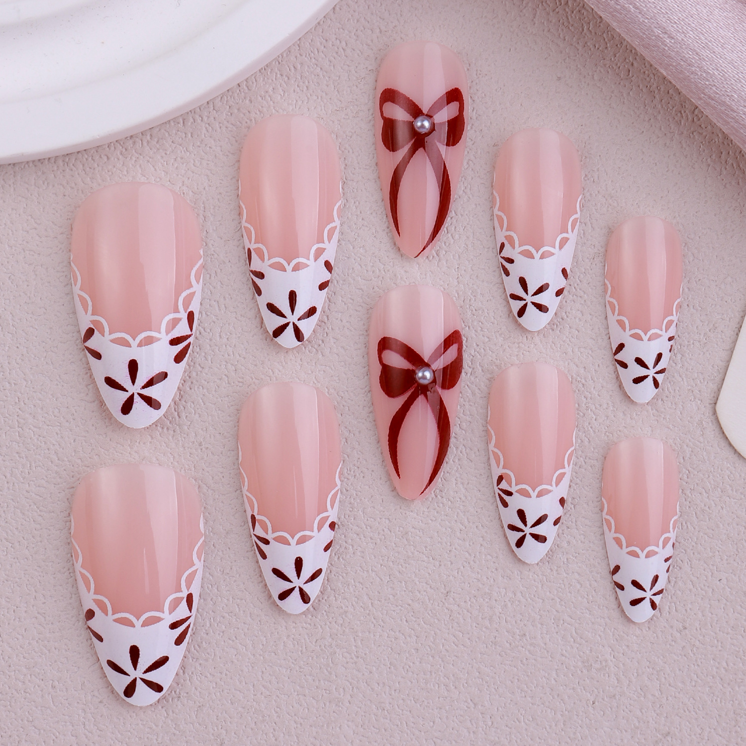Valentine’s French Heart Press-On Nails | Minimalist White Lace | Sweet Women’s Fake Nails