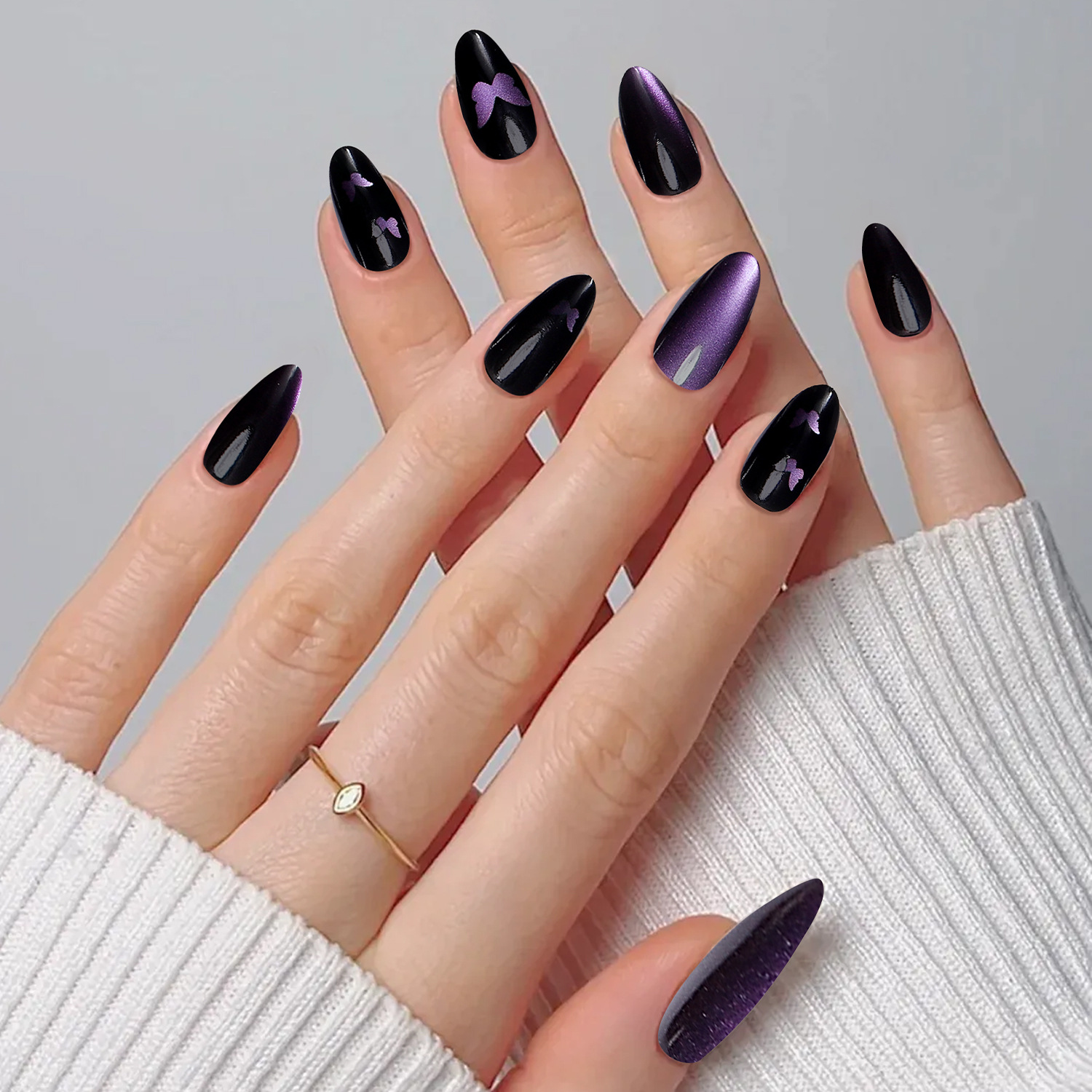 Cat Eye Press-On Nails – Long Almond Shape, High-Shine Magnetic Effect