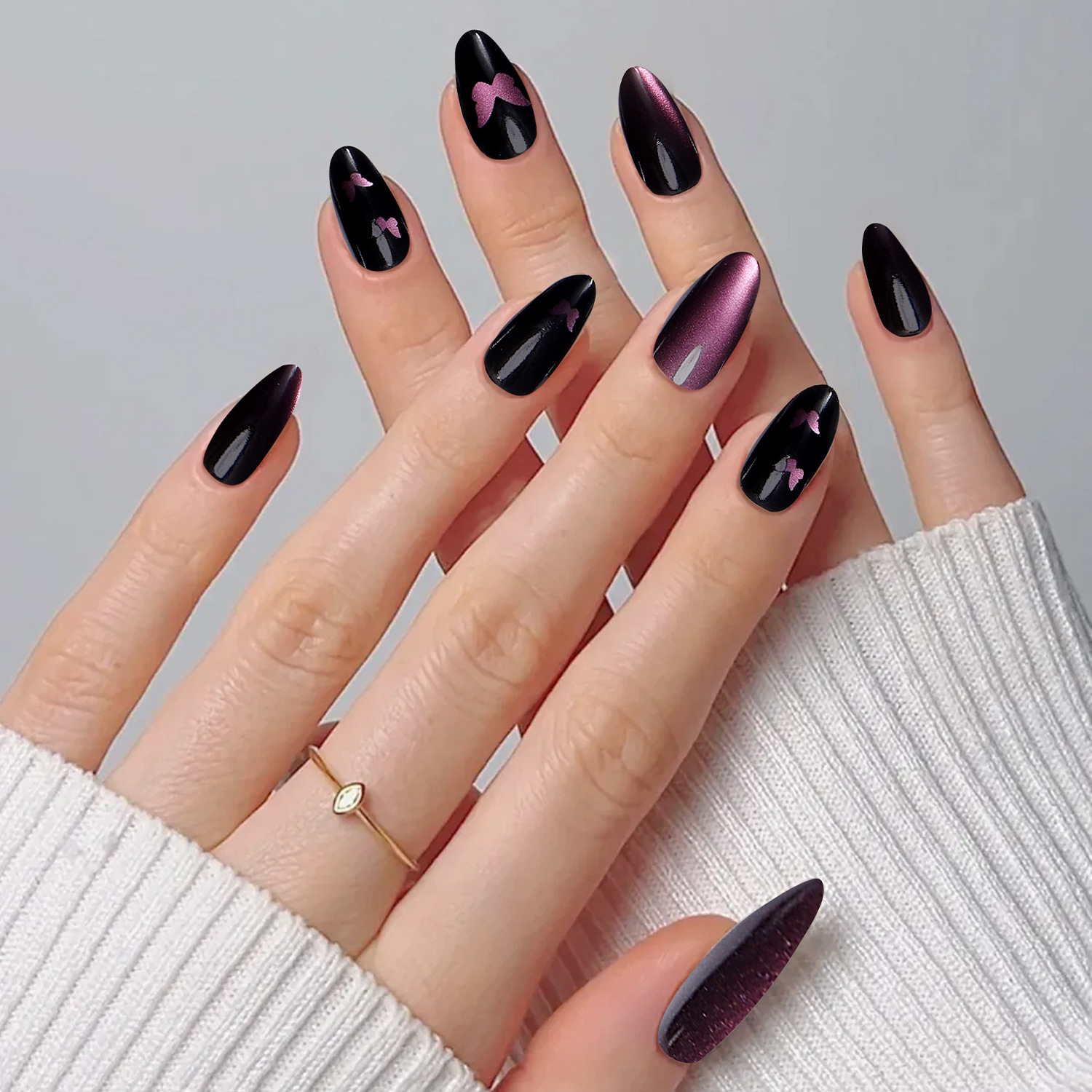 Cat Eye Press-On Nails – Long Almond Shape, High-Shine Magnetic Effect