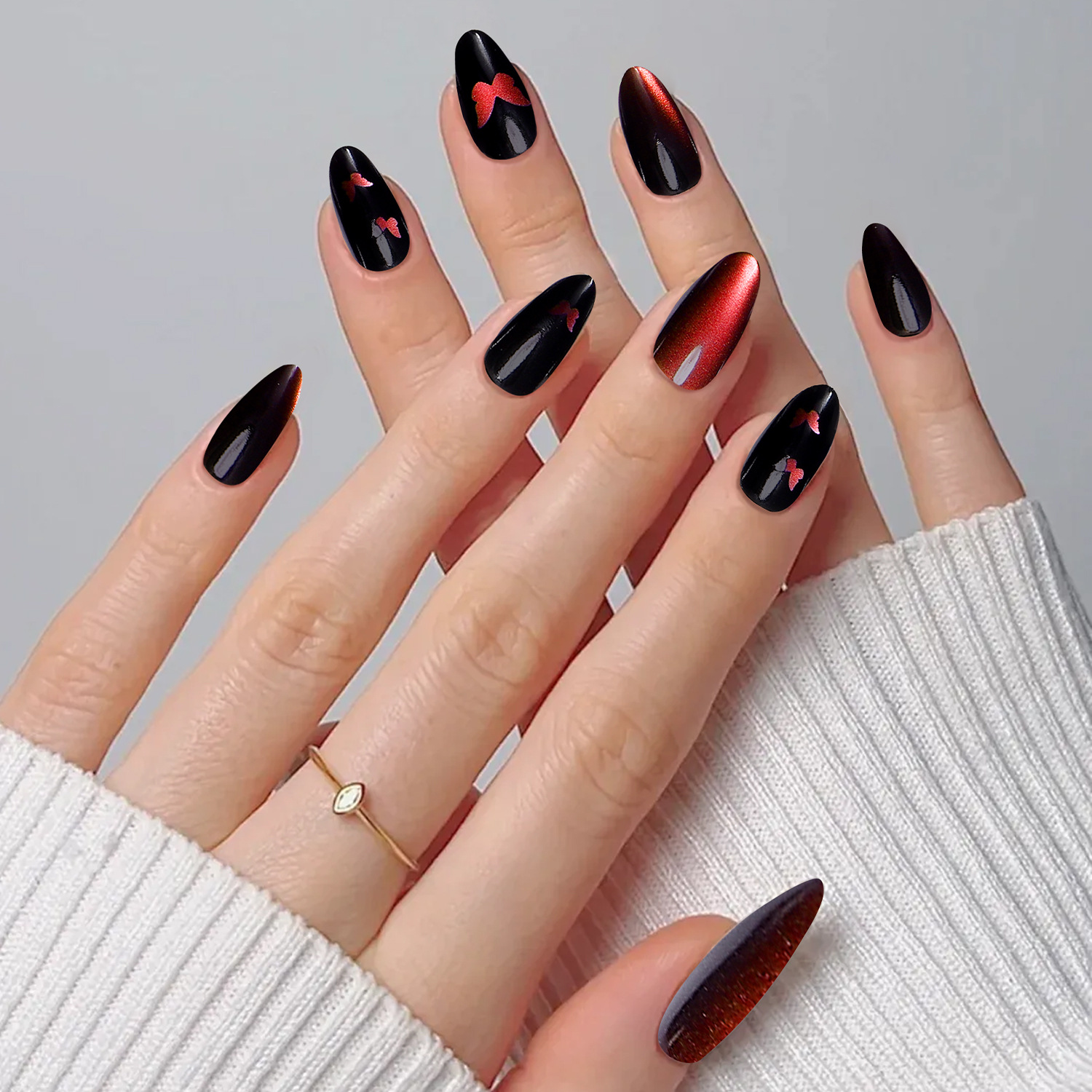 Cat Eye Press-On Nails – Long Almond Shape, High-Shine Magnetic Effect